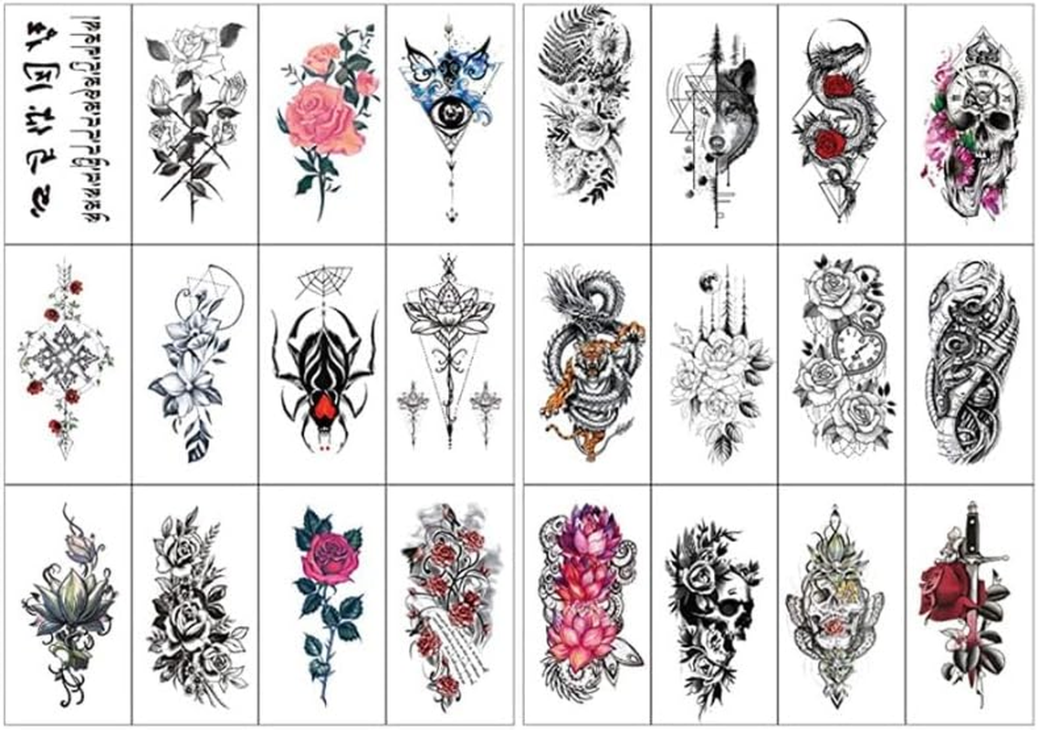 72 Sheets Temporary Tatto for Men Women Adults, 12 Sheets Arm Chest Shoulder Tattos Temporary Tattos with 60 Sheets Tiny Black Tattos, Wolf Tiger Lion Skull Owl Flower Tatto Stickers
