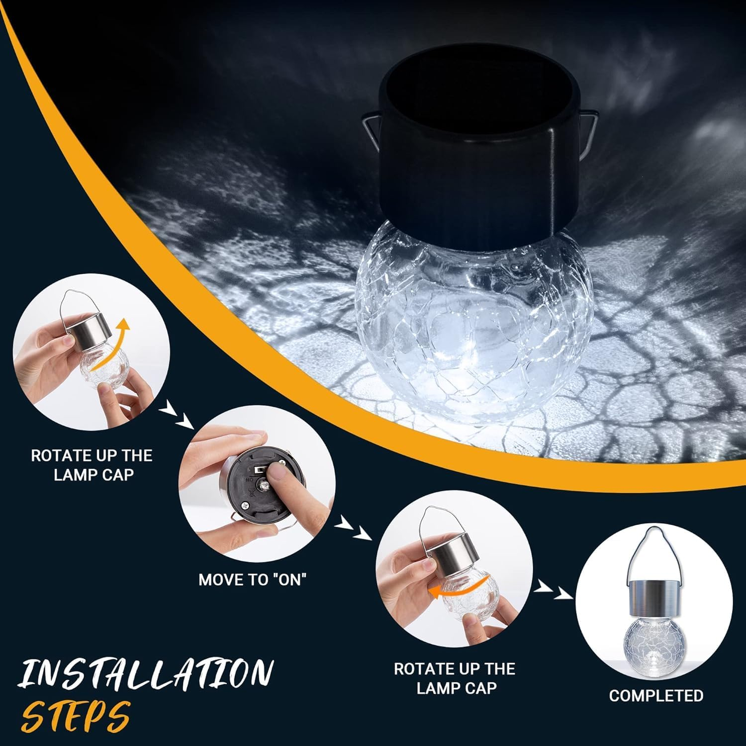 Solar Outdoor Lights Decorative 4 Pack, Hanging Solar Garden Lights Waterproof, Solar Powered Globe Cracked Glass Ball Lantern for Yard Patio Fence Tree Umbrella Holiday Decoration,(Cold White) - Cold White image number 6