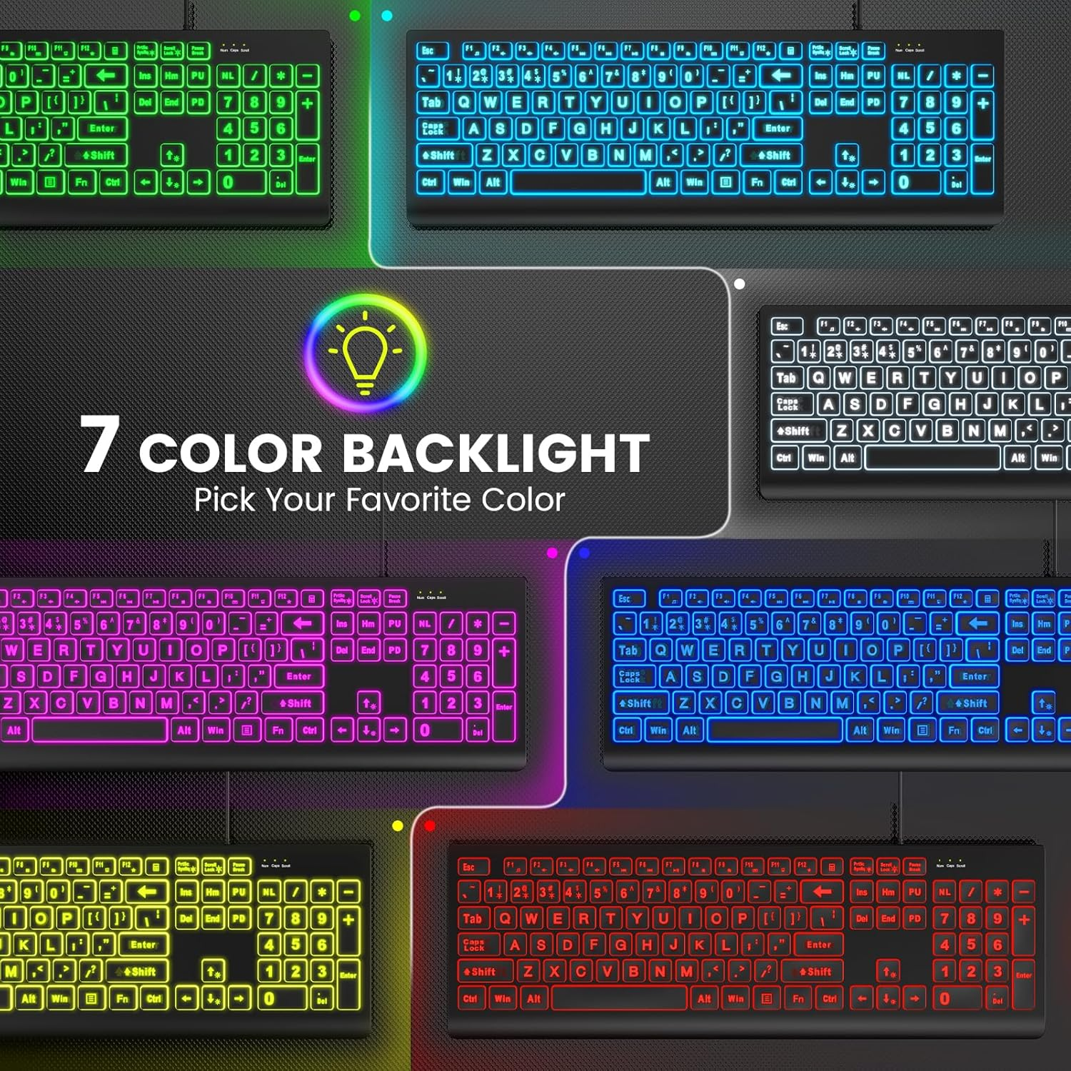 SABLUTE Large Print Backlit Keyboard, Wired USB Lighted Computer Keyboards with 7-Color & 4 Modes Backlit, Oversize Letters Keys Easy to See and Type, Keyboard Compatible for PC, Laptop image number 2