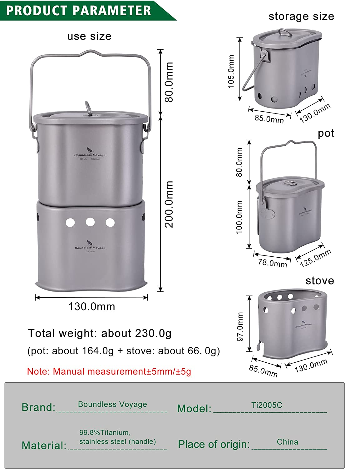 Boundless Voyage Outdoor Titanium Pot with Stove Set Ultralight Foldable Wood Stove Pot Set for Camping Picnic Hiking Backpacking Ti2005C image number 4