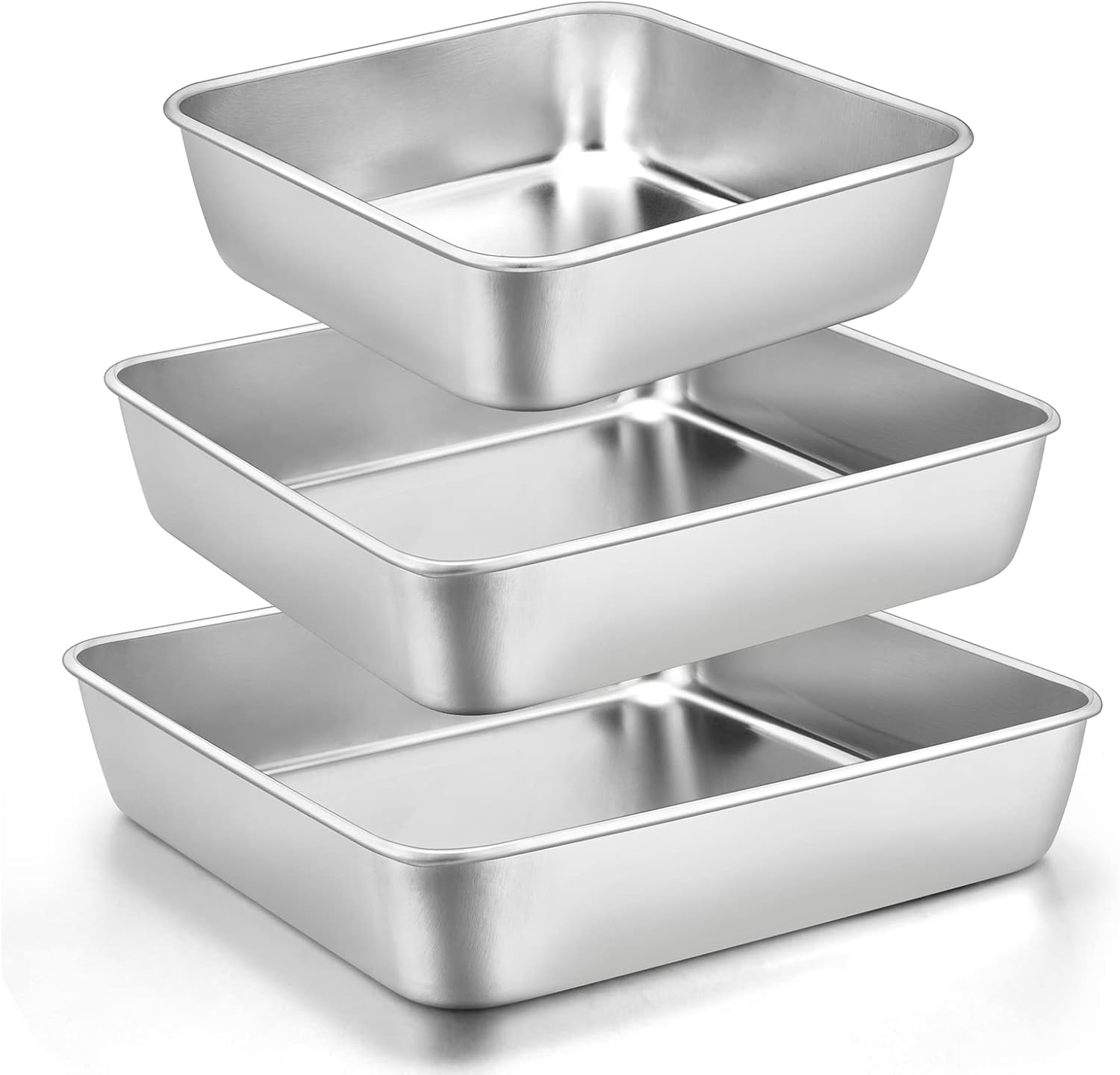 6/8/9-Inch Square Cake Pan Set, E-Far Stainless Steel Square Baking Brownie Pans Metal Bakeware Set of 3, Non-Toxic & Healthy, Easy Clean & Dishwasher Safe image number 5