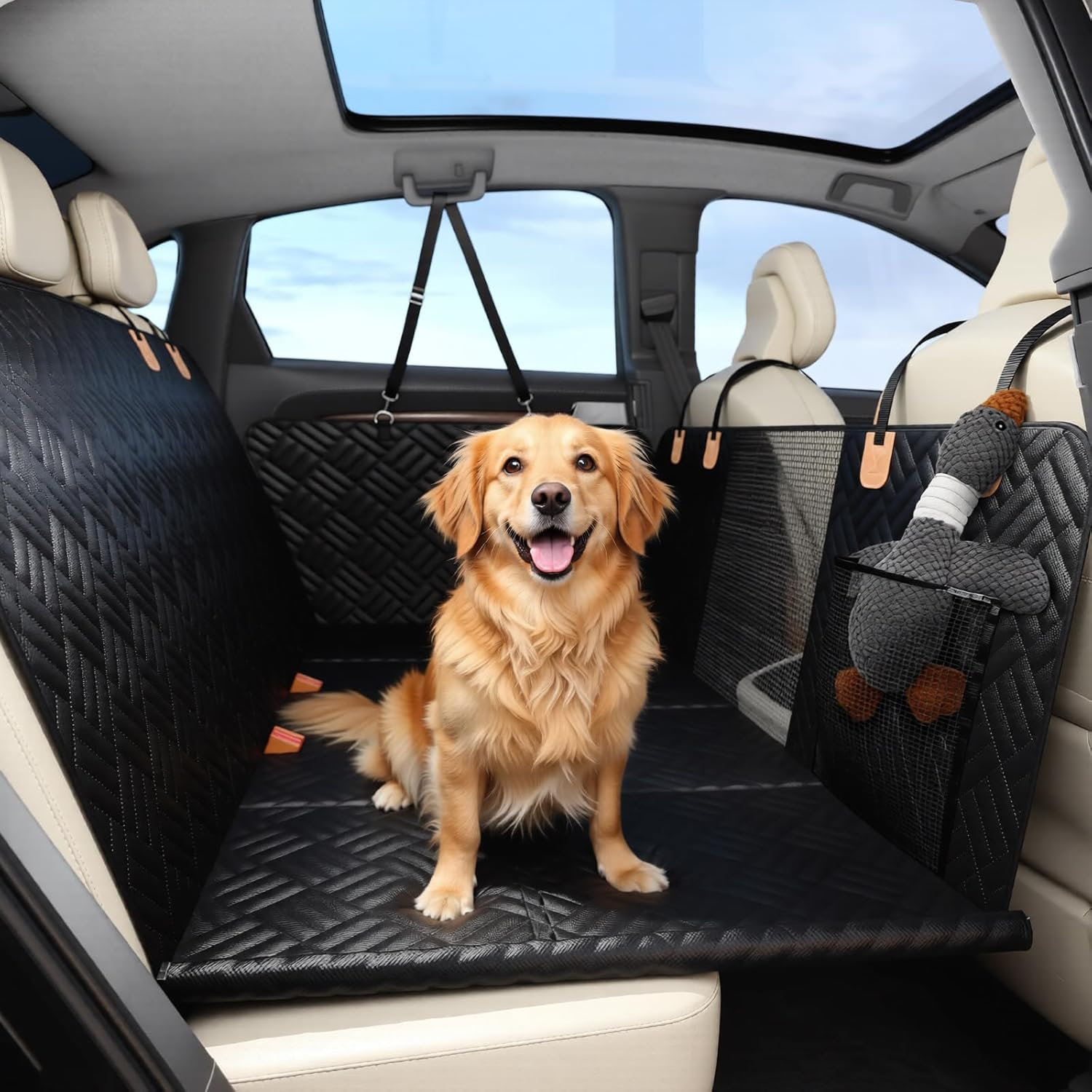 Uandhome Dog Car Seat Cover, Waterproof Dog Car Seat Cover Back Seat Hammock with Mesh Visual Window & Side Flaps & Dog Seat Belt, Scratchproof Pet Seat Cover for Cars, Trucks, Suvs(206 X 153Cm) image number 3