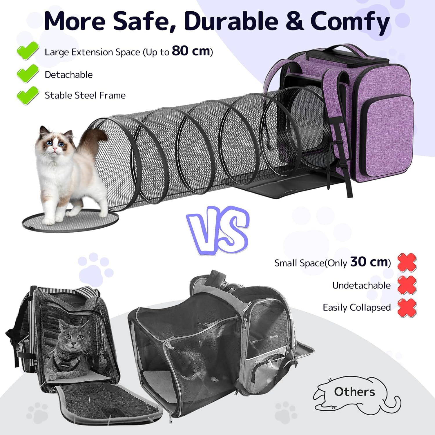 Pawtners Cat Carrier Backpacks Expandable Cat Backpack with Breathable Mesh, Pet Carrier Backpack for Cats Small Dogs Puppies up to 18 Lbs, Dog Carrier Backpack for Travel Hiking Camping Outdoor - Purple image number 5