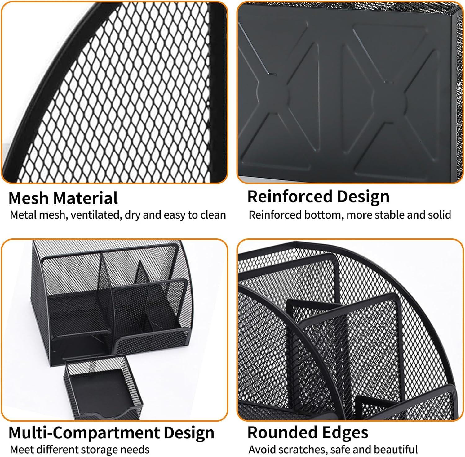 Mesh Desk Organiser with 6 Compartments and 1 Sliding Drawer, Multi-Functional Office Tidy Accessories, Metal Stationary Storage Pen Holder for Home, School, Pencil, Key, Scissors, Paper Clip (Black) image number 4