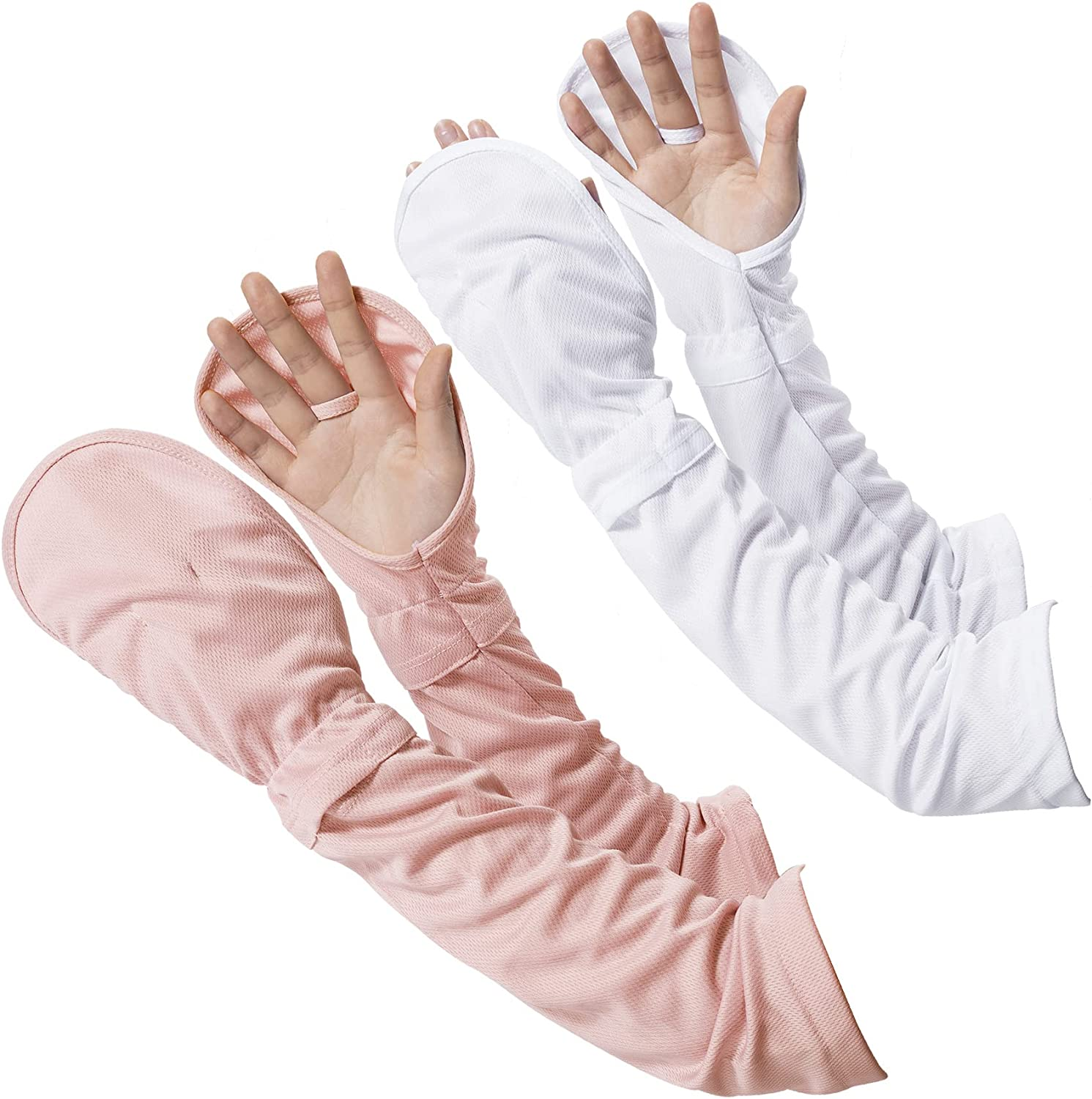 PAGOW 2Piars Driving Fingerless Sun Sleeves, Adjustable Protection Arm Gloves for Women Girls (White + Pink), White, Pink image number 3