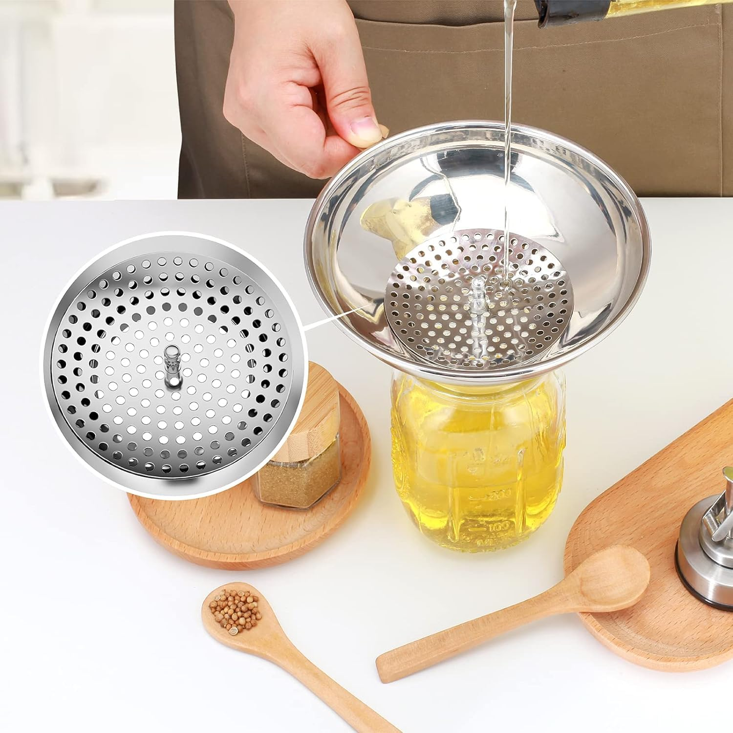 Walquicks 3 Pack Stainless Steel Canning Funnel with Strainer with Handlek, for Wide and Regular Jars - Wide-Mouth Funnels for Kitchen Use, for Transferring Liquid, Fluid, Cooking Oil, Jam, Powder image number 4