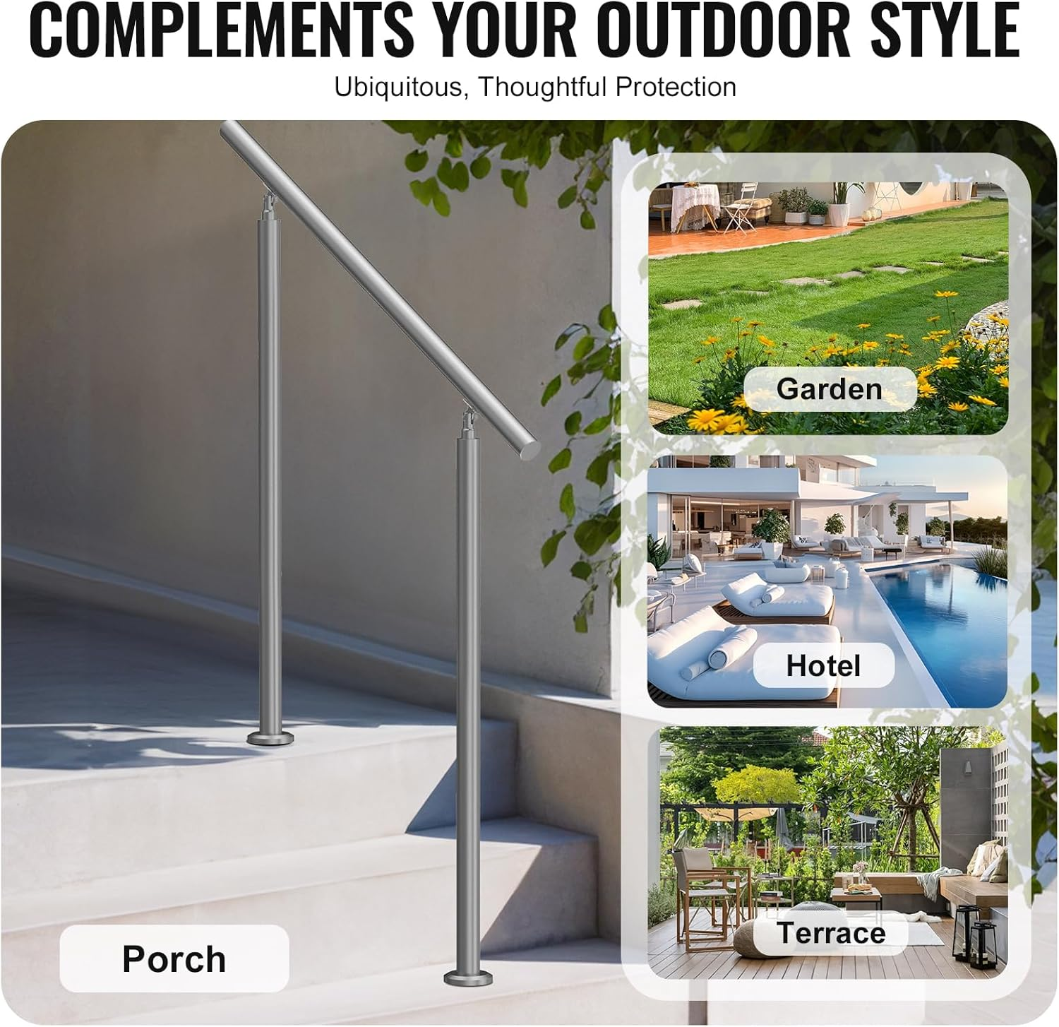 VEVOR Handrails for Outdoor Steps, 39.4In / 100Cm Length Stair Hand Rail Kit, Transitional Stainless Steel Railings with Installation Kit, Double-Column Staircase Handrails for Seniors,Porch & Deck image number 3