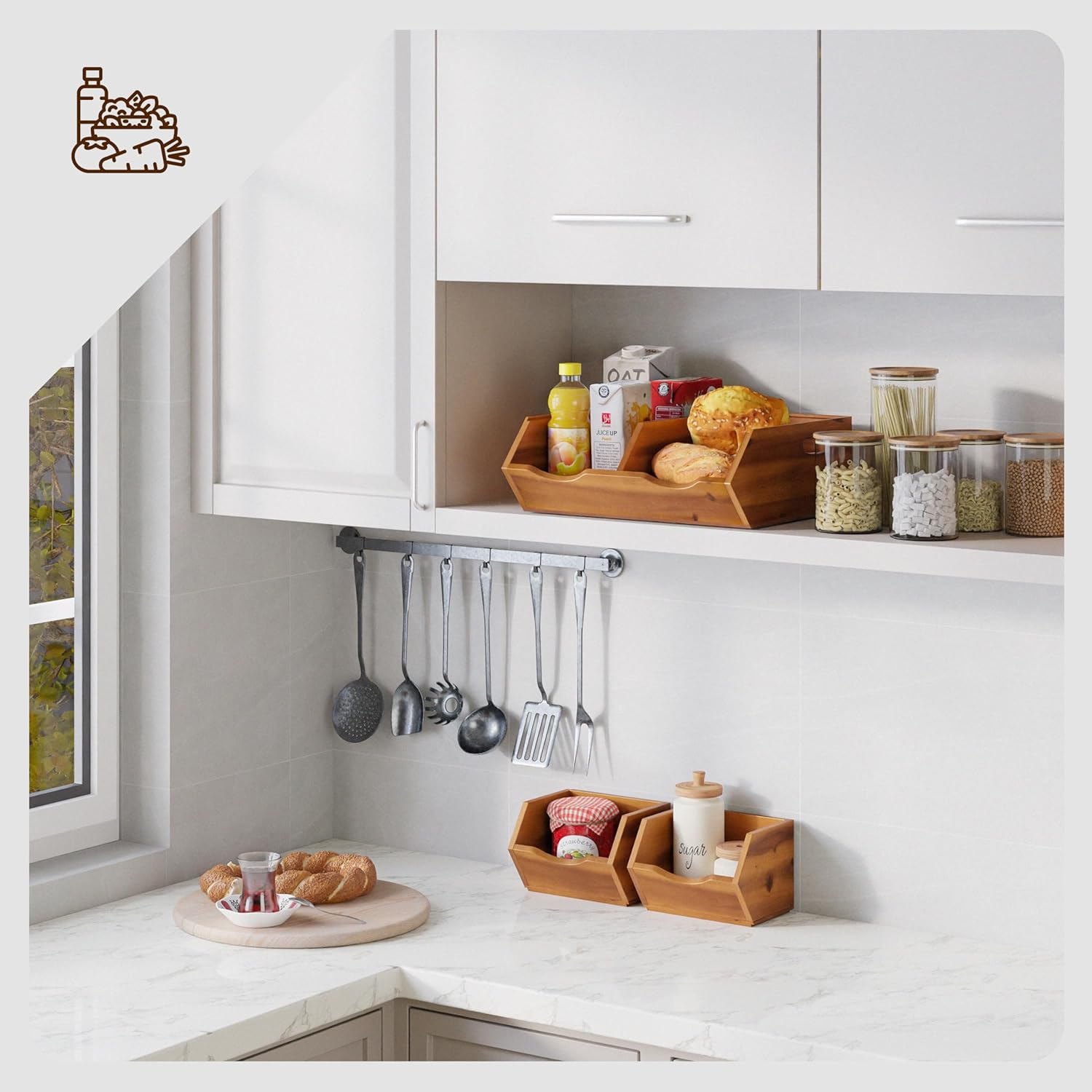 HOLANA Onion and Potato Storage Bins - Acacia Wood Pantry Baskets Organization and Storage - Wooden Stackable Baskets for Bread, Fruit, Vegetable - Onion Basket for Kitchen Counter (Patent Pending) - Acacia image number 3