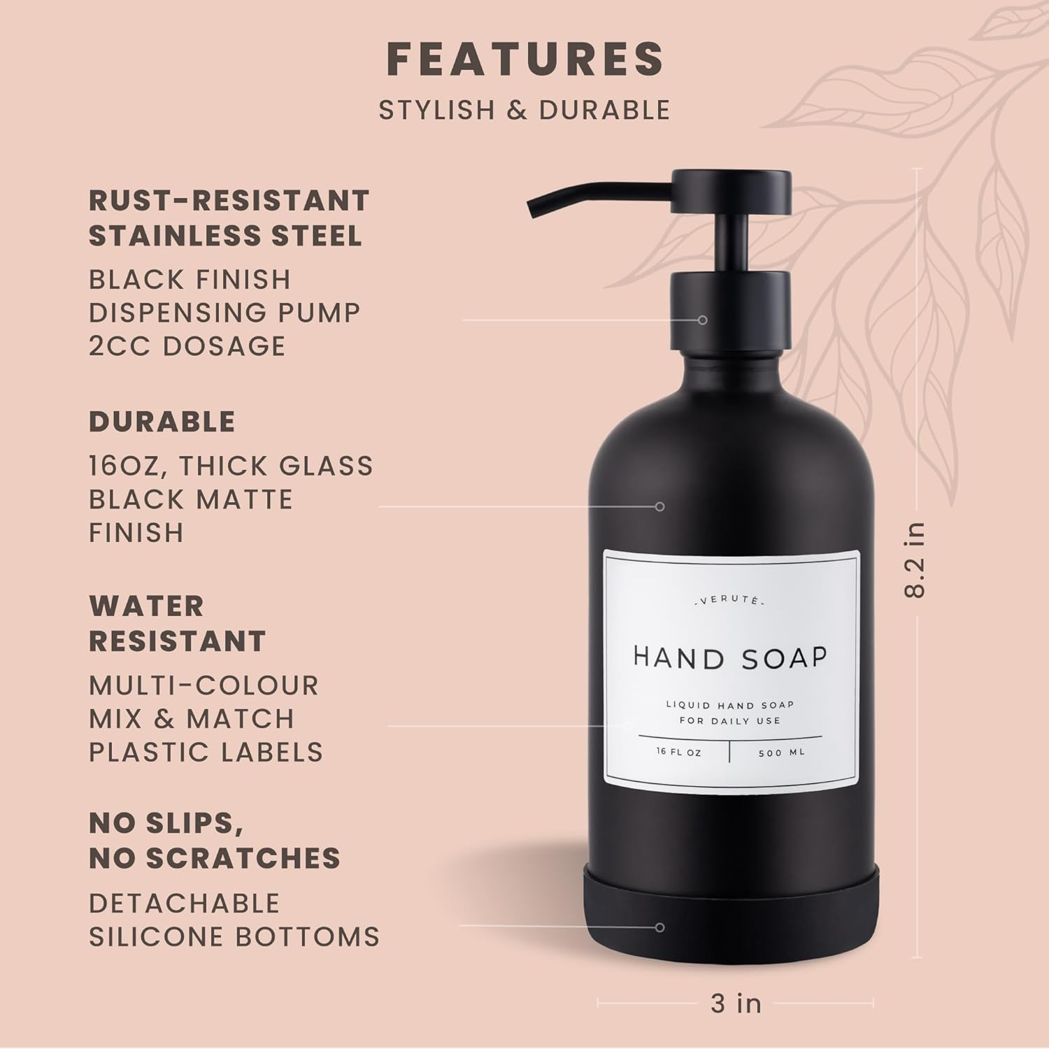 Verute 16Oz Glass Soap Dispenser with Stainless Steel Pump, 21 Waterproof Labels, Non-Slip Protective Silicone Pad, Set of 2 for Bathroom & Kitchen (Matte Black Bottle/Black Pump) image number 2