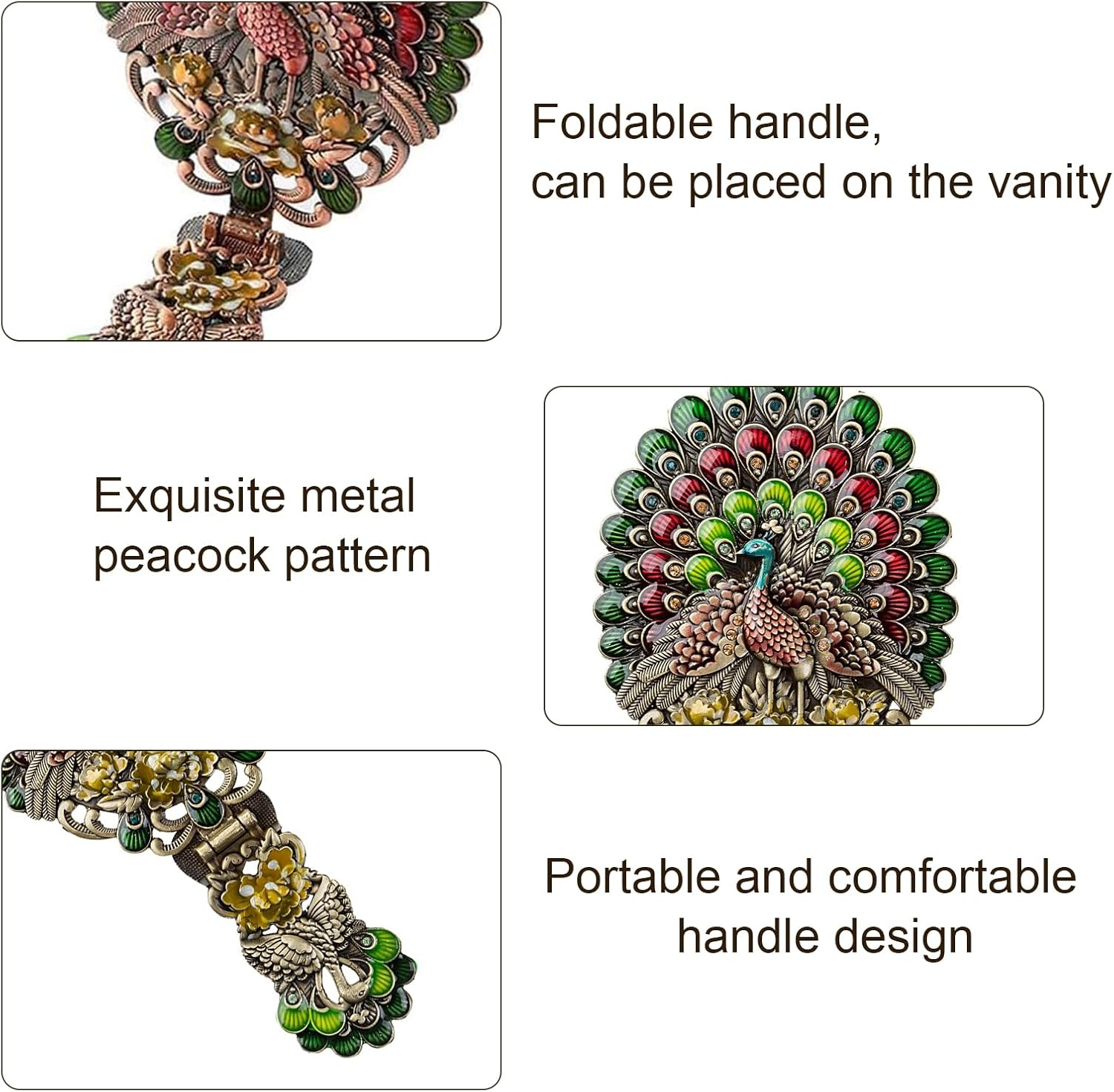 Nerien Women'S Antique-Style Foldable Metal Phoenix Cosmetic Mirror Peacock Vanity Mirror Portable Handle Mirror Copper - Copper-1 image number 5