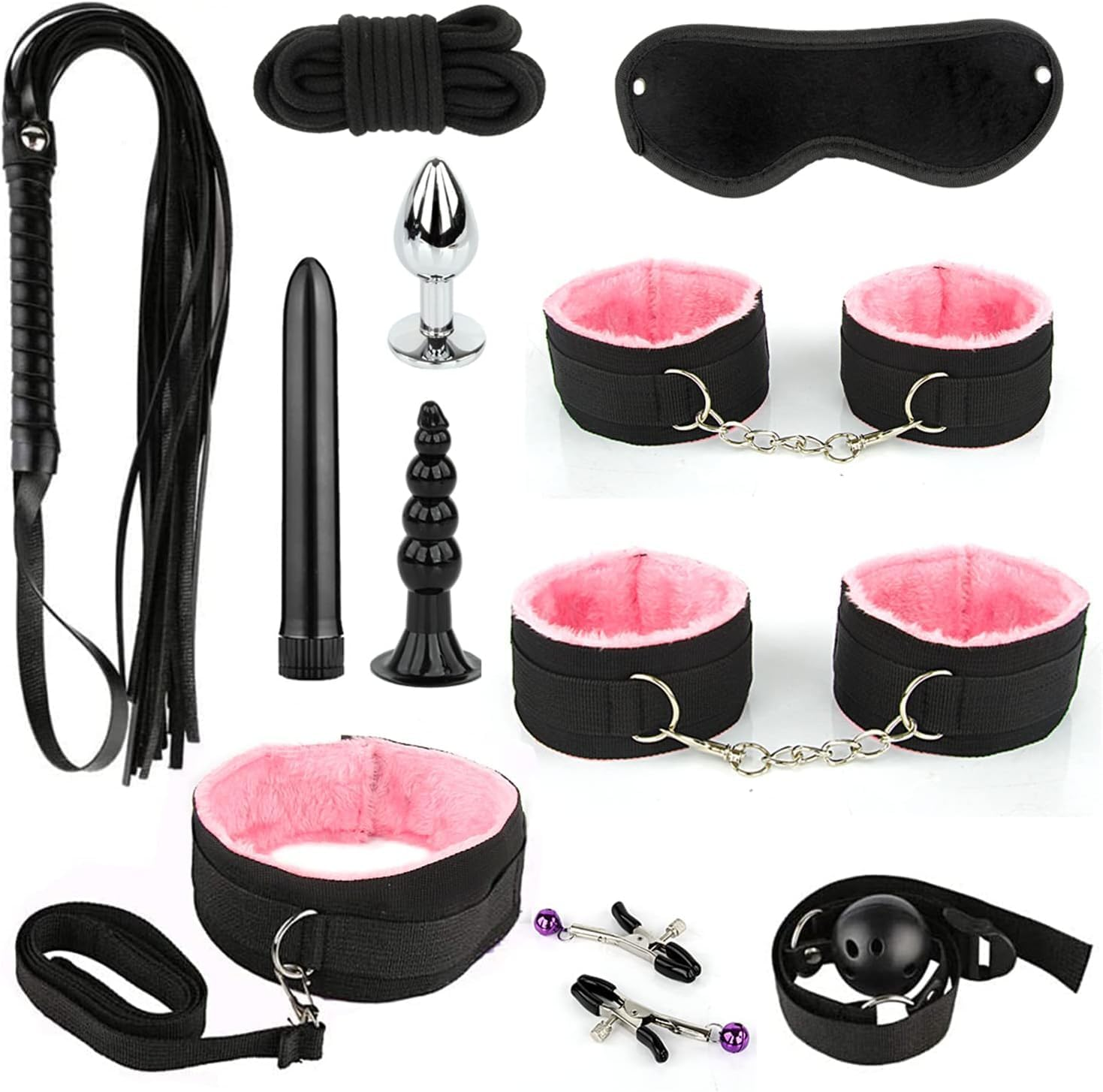 11PCS Bondage Set Erotic Suit Sex Bondage Toys for Couples Bed Restraints Set Adjustable Neck and Leg Cuffs Kit Sexy Swing Sex Restraintants Set with Anal Plug Trainer Kit (Red) (Purple)