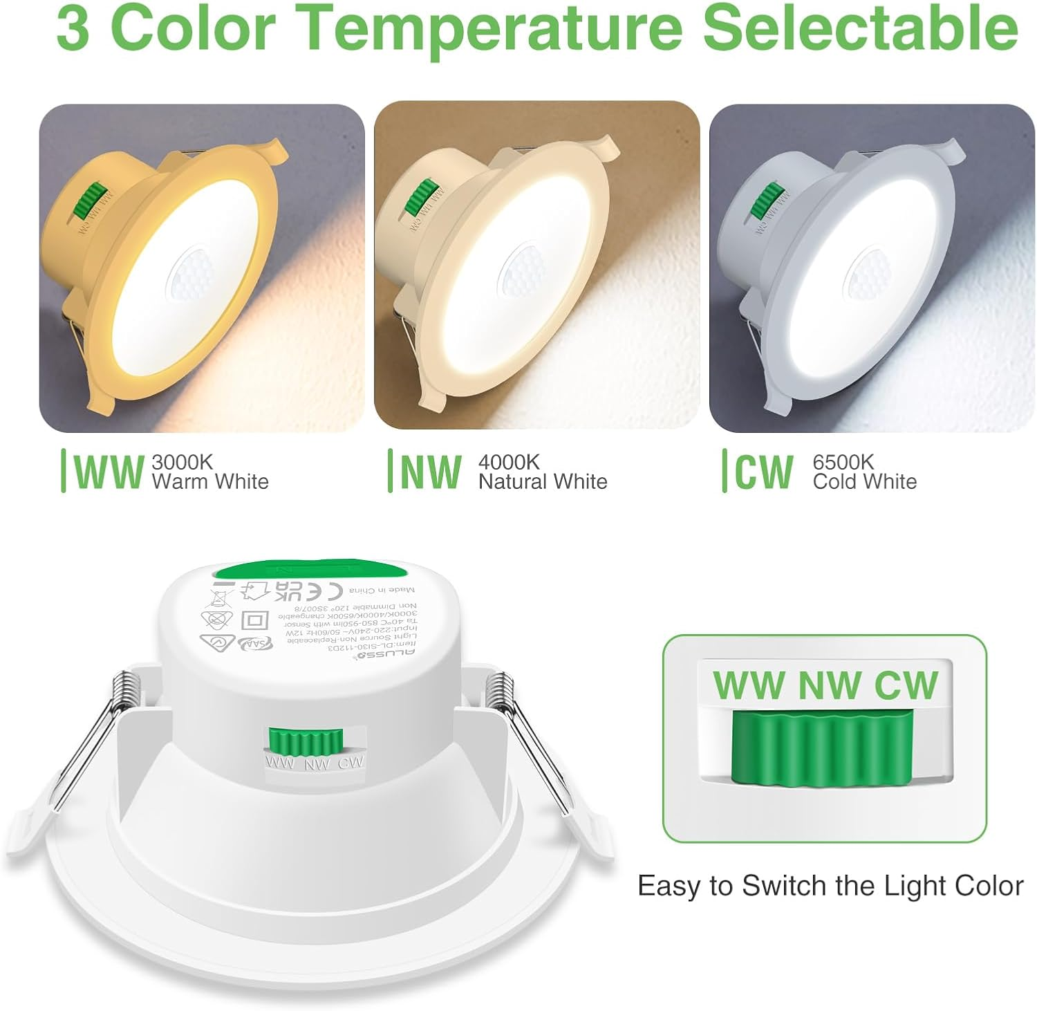 ALUSSO LIGHTING LED Recessed Ceiling Light with Motion Sensor, 12W 90-100Mm Cutout 3000K Warm/4000K Neutral/6500K Cool White Selectable Downlight, IP44 Waterproof for Balcony Corridor Entrance image number 2