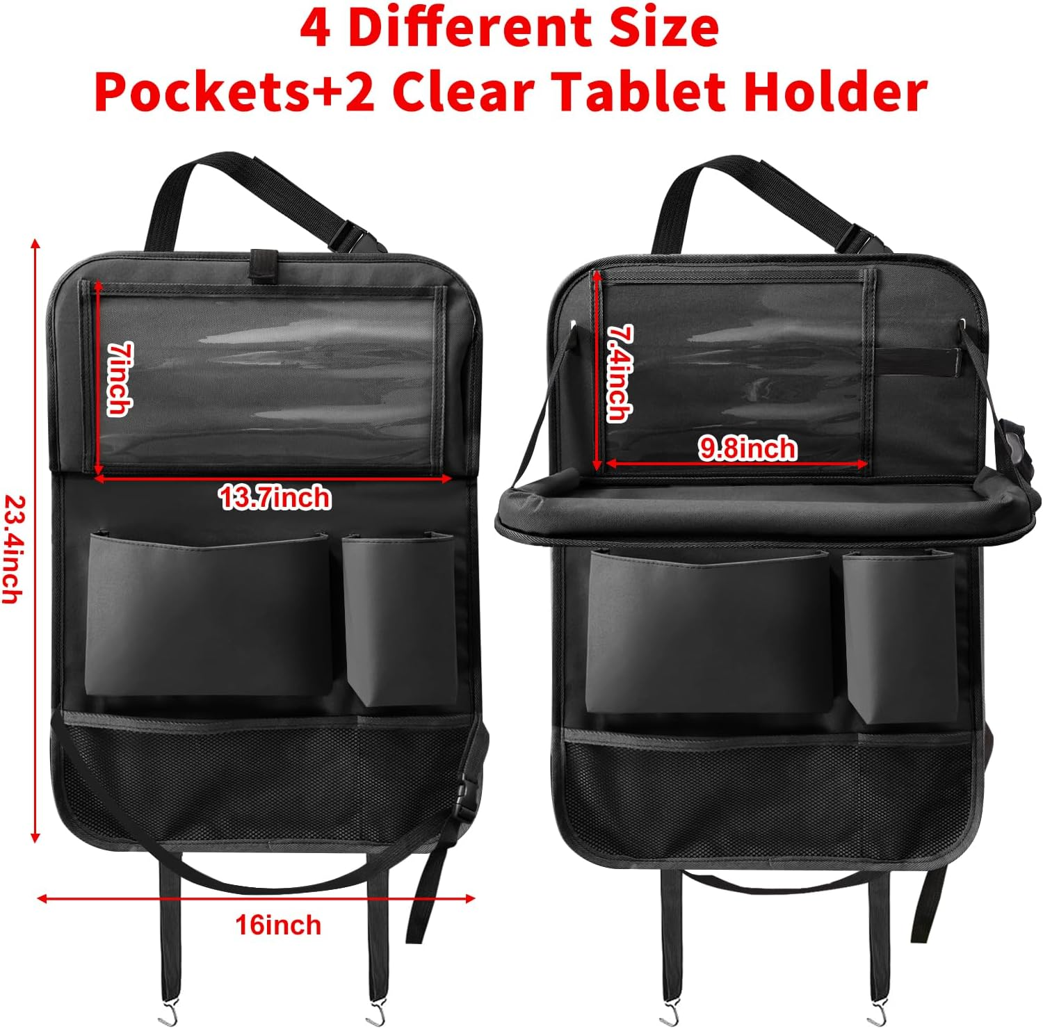 Etre Jeune Car Backseat Organizer with Tablet Holder, 6 Storage Pockets Foldable Table Tray Seat Back Protectors Kick Mats Travel Accessories, 2 Pack Black - Grey image number 7