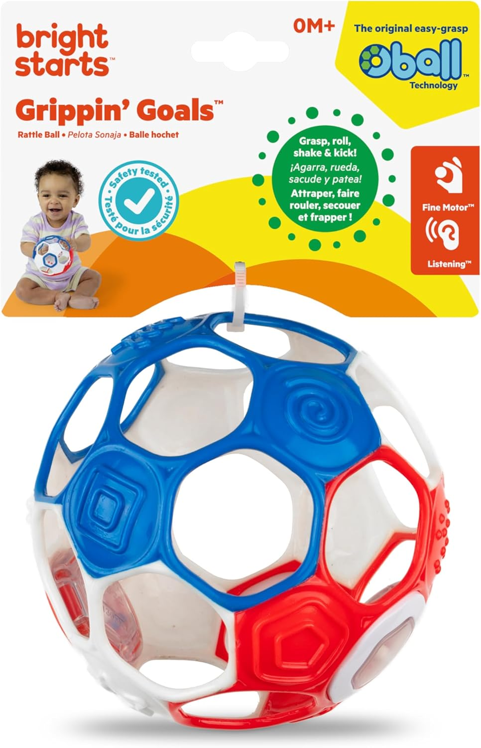Bright Starts Oball Grippin' Goals Rattle Soccer Ball - Red, White & Blue, Easy-Grasp Toy for Newborn and Up image number 4