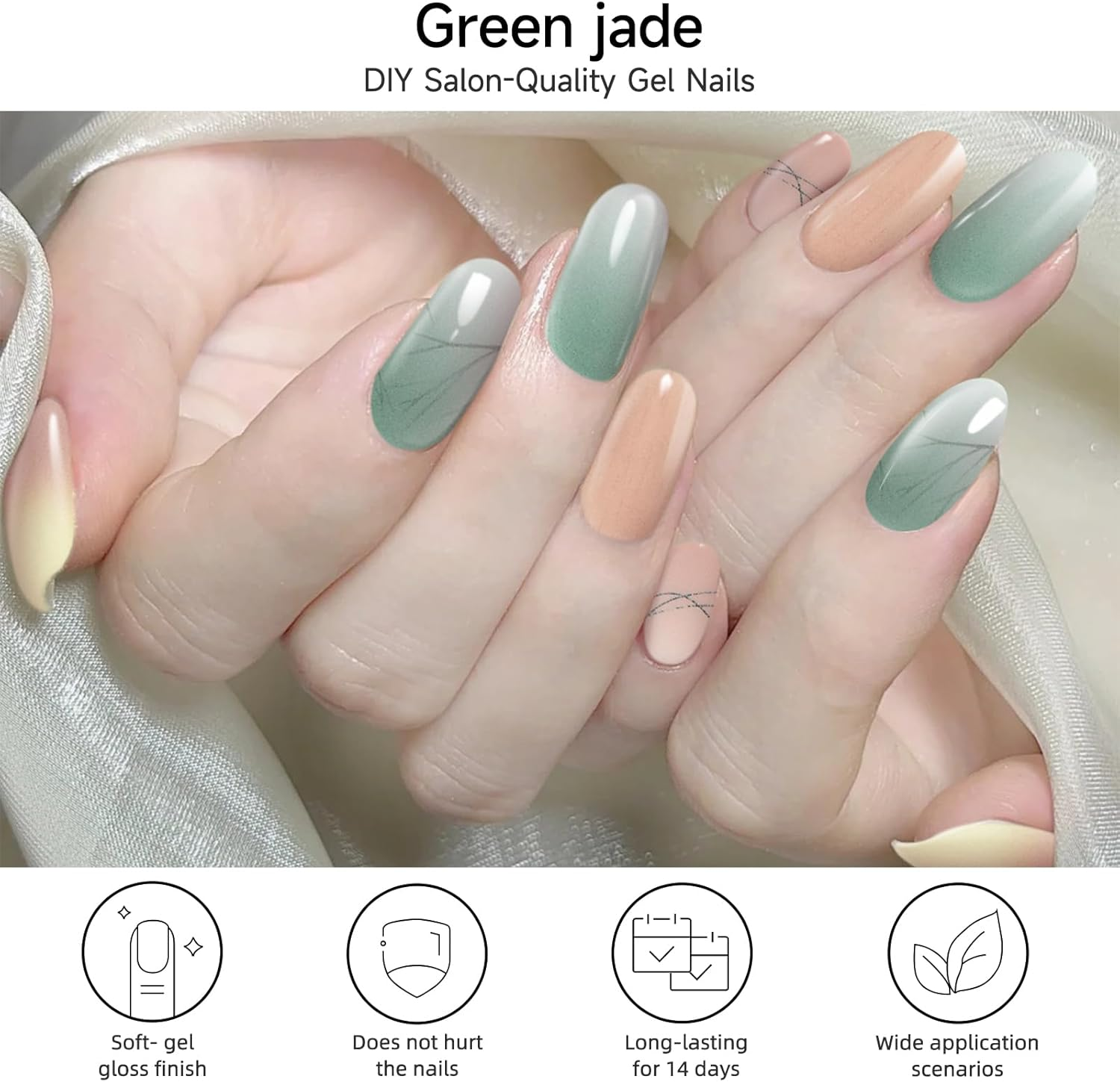 DUKASOU Semi Cured Gel Nail Strips, Green Jade | 28 Pcs Chinese Style Gel Nail Strips Work with Any UV Lamp, Salon Quality New Chinese Nail Stickers, Include Prep Pads, Nail File&Wood Stick - Begonia Position image number 2