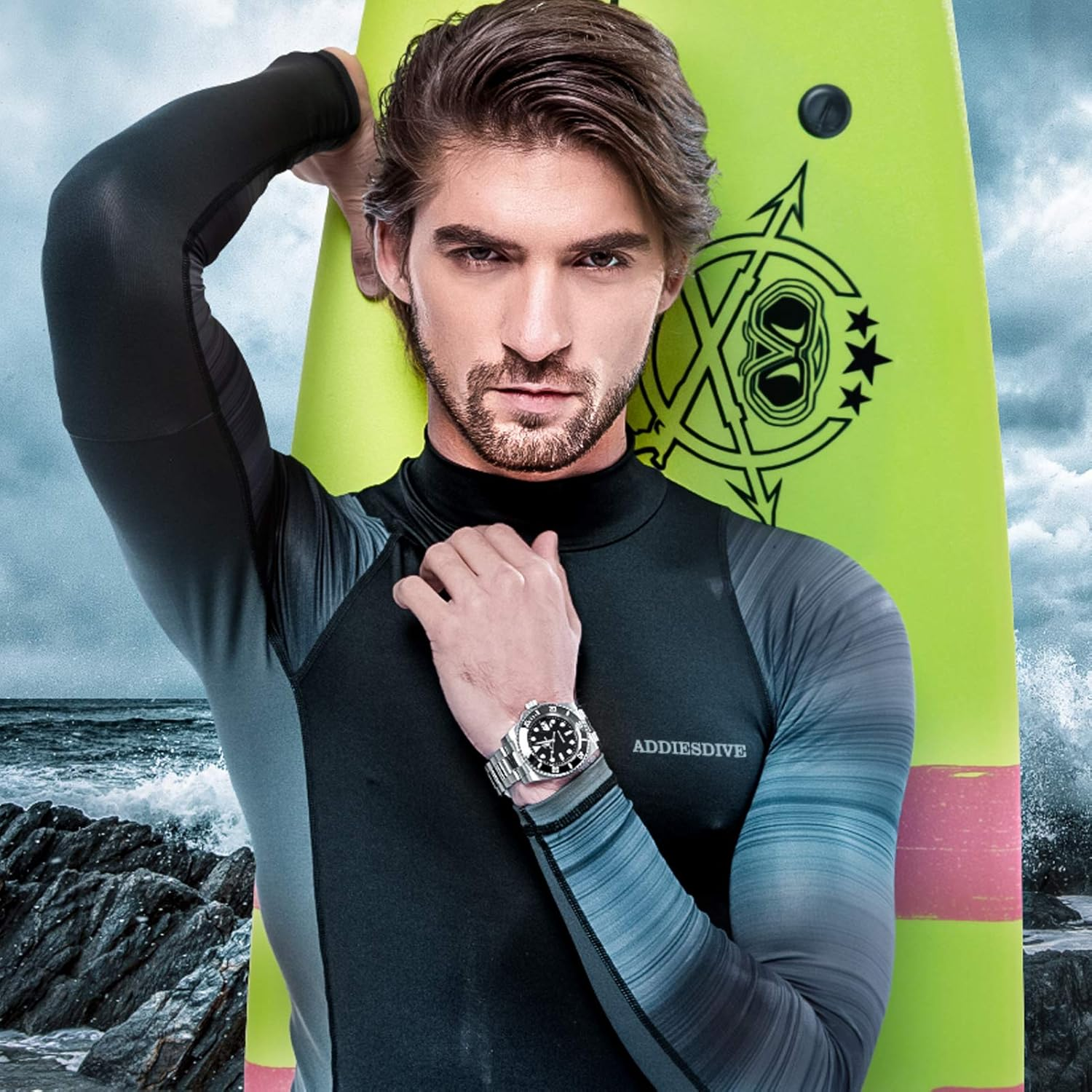 ADDIESDIVE Quartz Dive Watches for Men Diver 200M Steel Strap Analog Luminous Multicolors Dial Black Green Blue image number 4