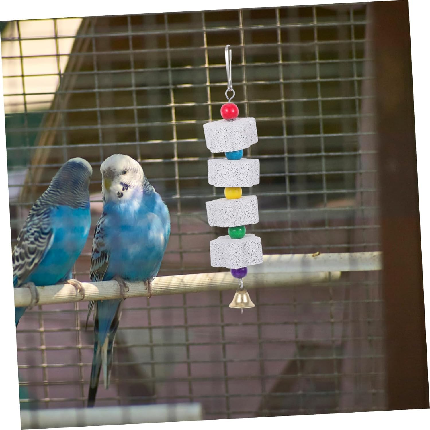 Bird Beak Grinding Stone with Bell, 2Pcs Parrot Beak Trim Calcium Stone Cage Toys, Pet Bird Chew Toy Lava Stone Parrot Chewing Toy Beak Trimmer Calcium Stone image number 4