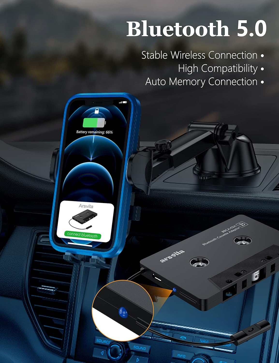 Arsvita Bluetooth 5.0 Cassette to Aux Adapter for Car, Tape Audio Adapter, Hands-Free Call, Charcoal Black