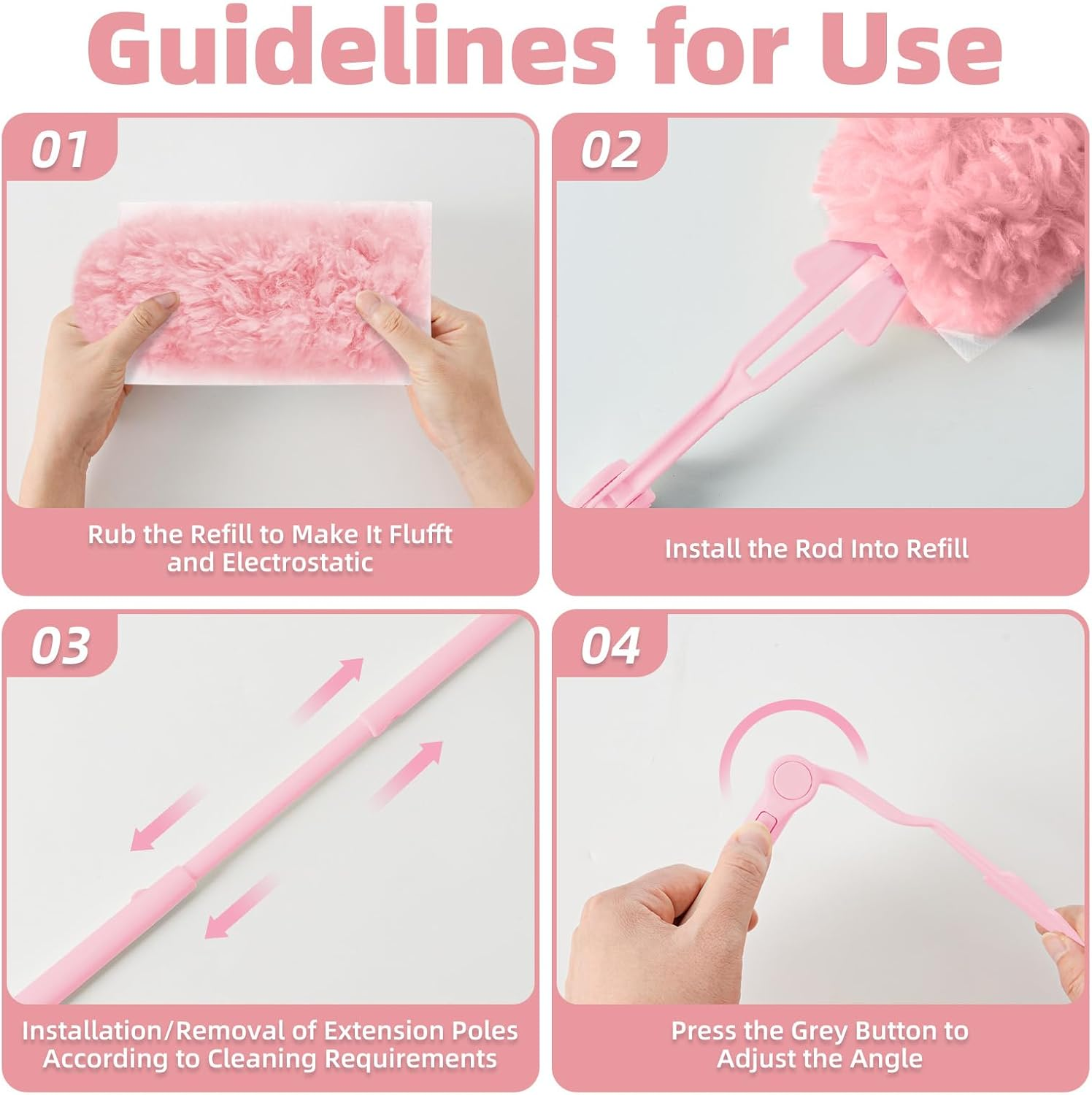 Nicemiya Pack of 37 Duster Compatible with Swiffer Dust Magnet Refill Pack 360&deg; Duster, for Cleaning Pet Hair, Dust Dirt (35 Cloths + 2 Handles, Pink) image number 1