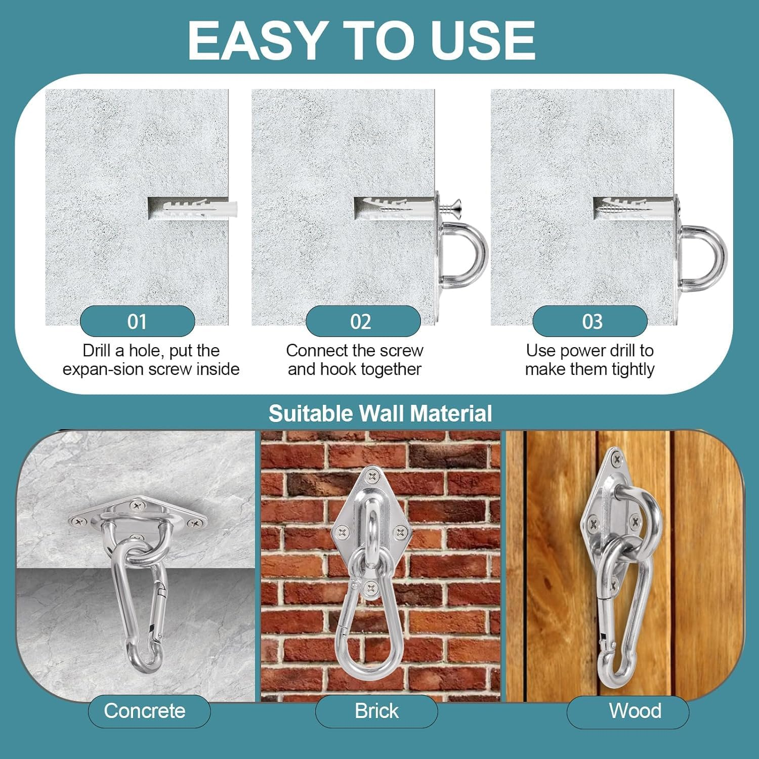 Xinghonyac 2 Pack Heavy Duty Hammock Hanging Kit, Stainless Steel 360&deg; Rotation Rustproof Hammock Hooks for Stand, Wall, Ceiling, Tree Swing, Hammock Chair, Indoor Outdoor Use