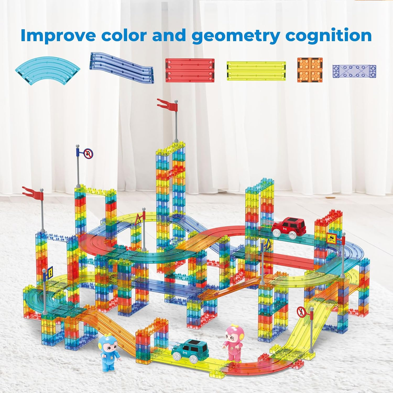 348PCS Magnetic Tiles Blocks Railcar, Construction Car Track Set with Car and Roads Signs, Building Toys Set for Kids, Playset STEM Learning Kit Child Brain Development over 3 Years Old Boys Girls image number 2