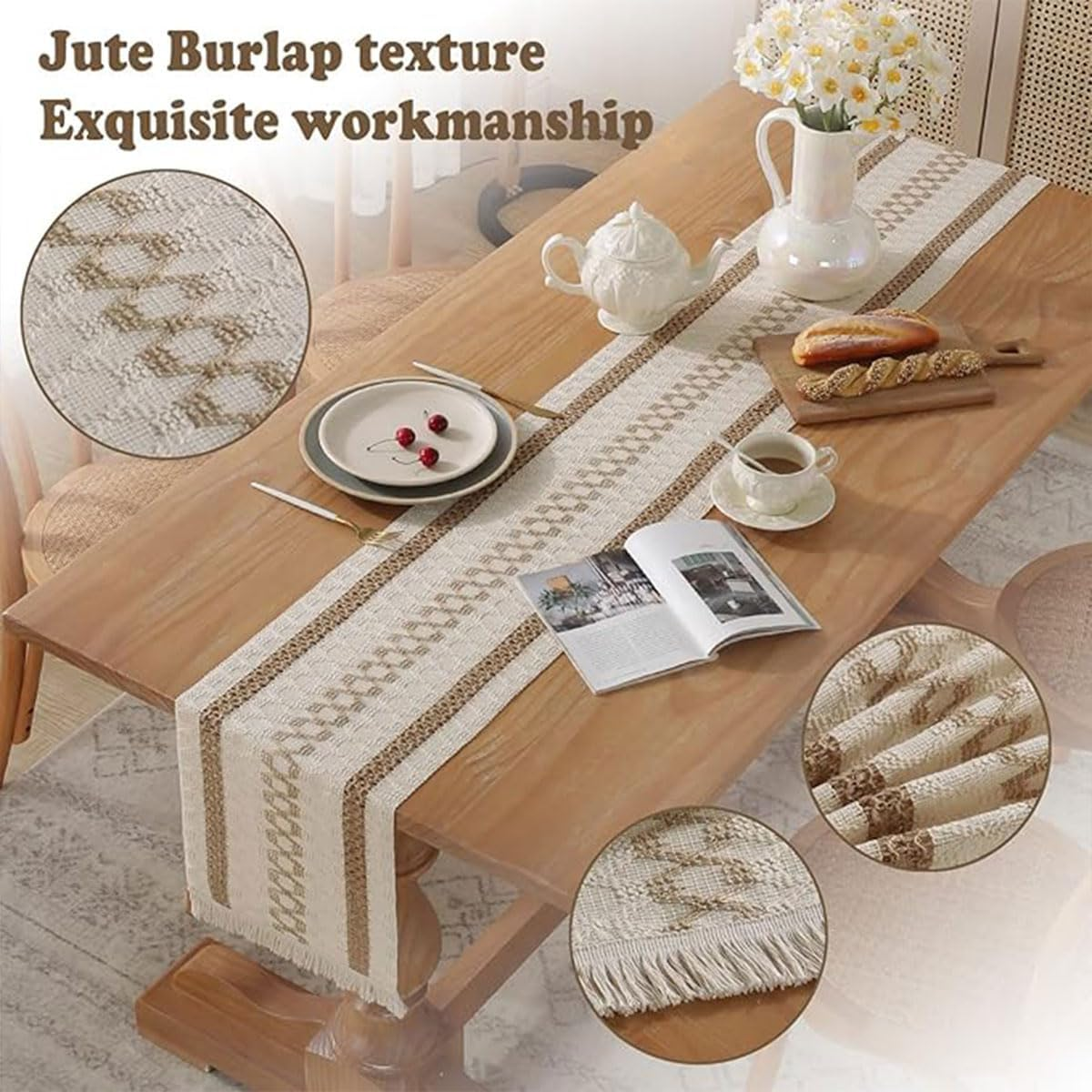 AIMALL Premium Cotton and Linen Table Runner with Knot Tassel Design, Nordic-Inspired Home Decor for Coffee Tables, TV Stands, and More, Durable and Stylish, Size 72X11.8 Inches image number 4