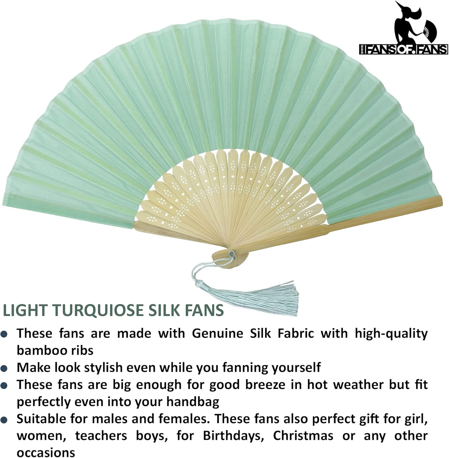 FANSOF.FANS Pack of 10 Fabric Handheld Fan with a Tassel Grade a Bamboo Ribs Party Wedding Favour (Light Turquoise) image number 2