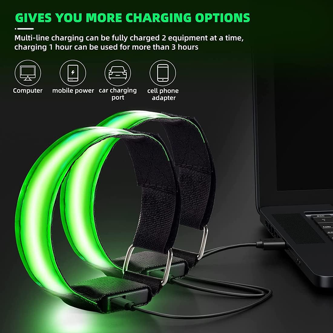 2 Pack USB Rechargeable LED Armbands,Led Reflective Arm Bands for Night Walking,360&deg; Reflective LED Bracelets,Armband Reflector for Running - Orange image number 2