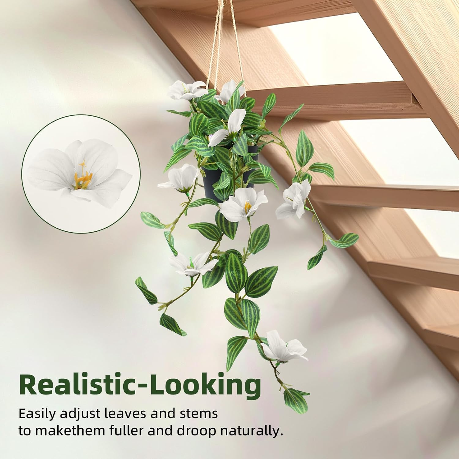 Vnezakl Artificial Ivy Hanging Plant with Flowers 3D Realistic Faux Greenery Fake Ivy Leaves UV Resistant Textured Floral Vine for Indoor Outdoor Wall Garden Home Decor - White image number 2