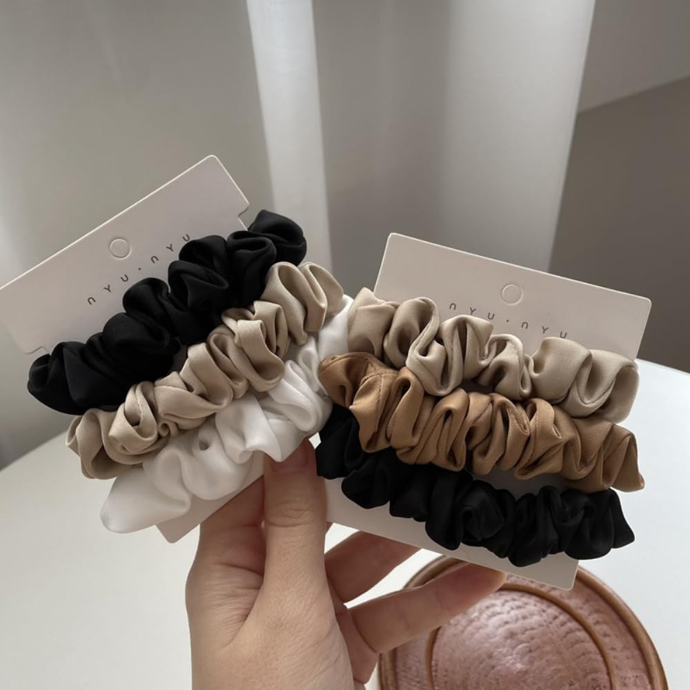 Anevous Pack of 3 Soft Satin Hair Bobbles for Women, Elastic Silk Scrunchies against Frizz and Hair Breakage, Hair Scrunchies for Night Use, for Sleep and Ponytail, Coffee Black White image number 1