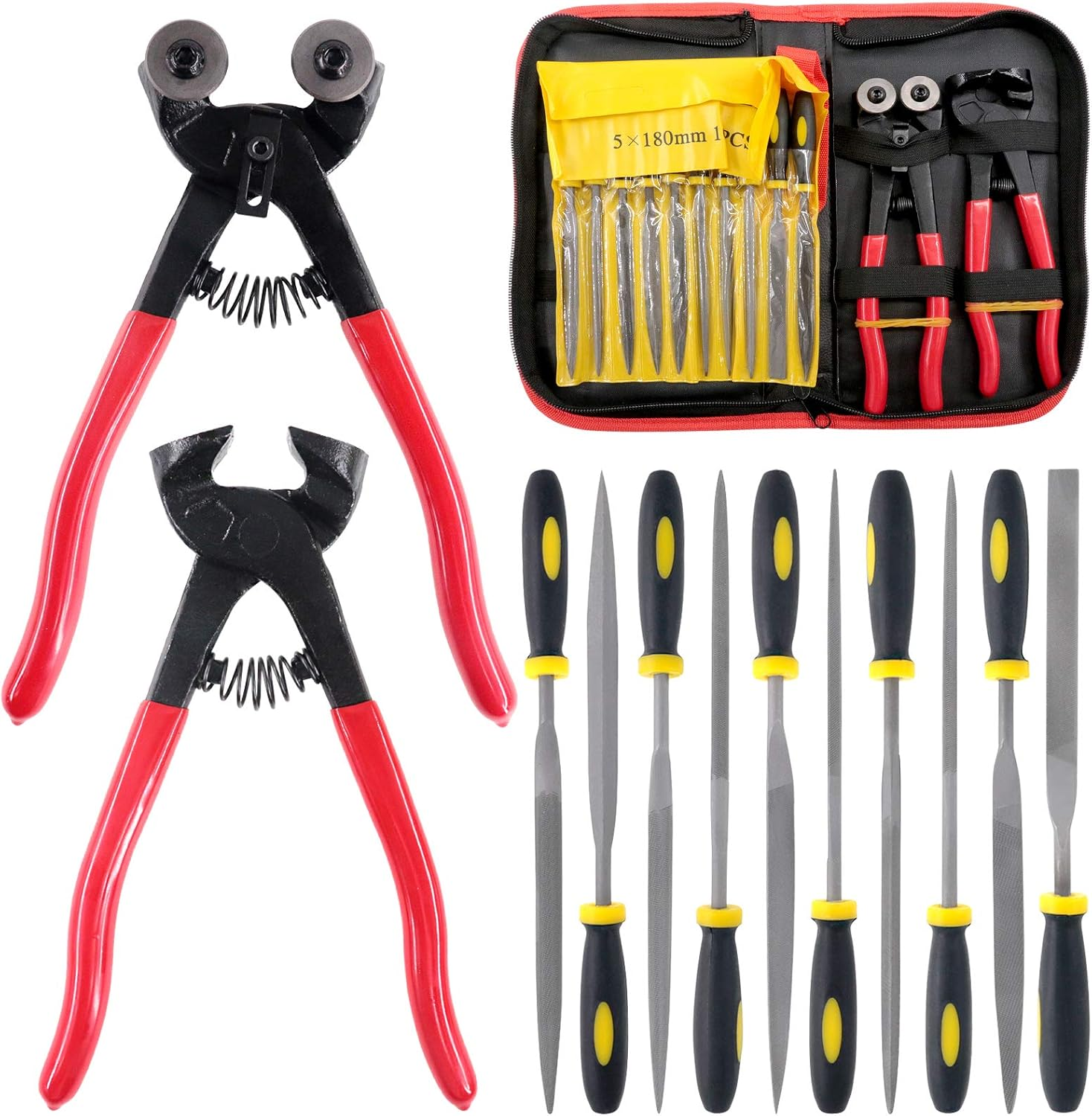Hilitchi 12Pcs Heavy Duty Stained Glass Tools Mosaic Tools Wheeled Glass Tile Nipper and Cutter Pliers and Diamond Coated Handle Grinding Tool Kit image number 4