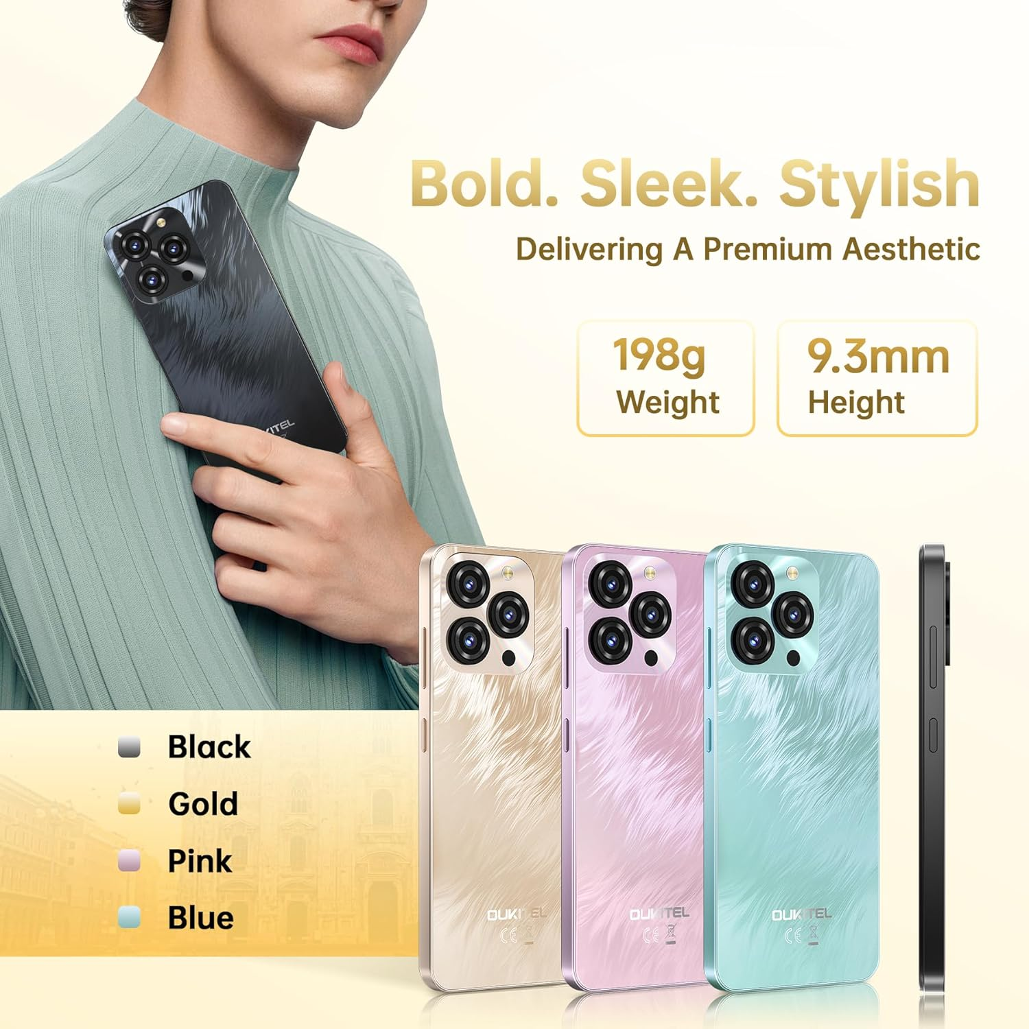 OUKITEL C3 Cell Phone Unlocked 2025-16GB RAM+128GB/TF 1TB ROM Smartphone, 5000Mah Battery, 6.52'' Waterdrop Screen, 13MP+5MP Camera, 4G Dual SIM Android Phone, Face Id/3.5Mm Jack/Gps/Bt5.0, Pink image number 3