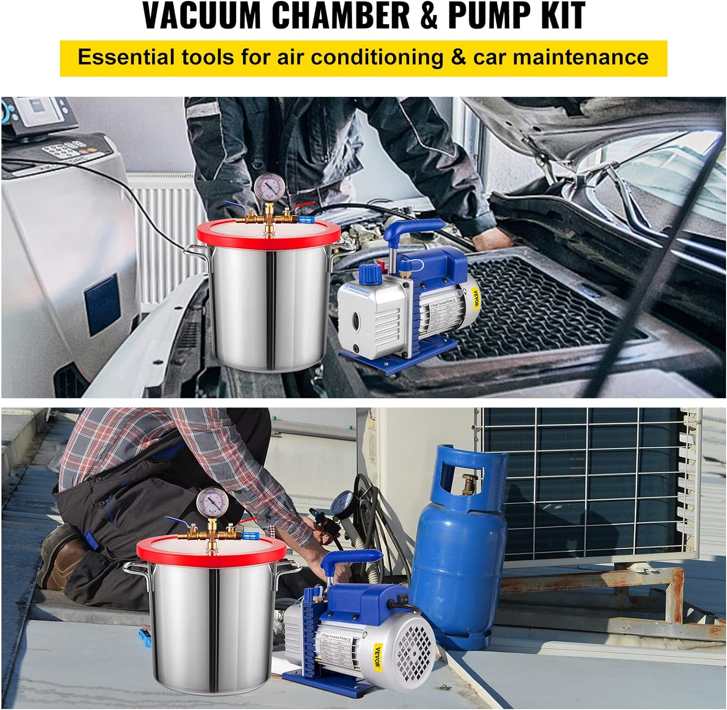 VEVOR 3 CFM 1/4HP Single Stage Vacuum Pump,3 Gallon/13 L Vacuum Chamber Kit, HVAC A/C Refrigeration Kit image number 4