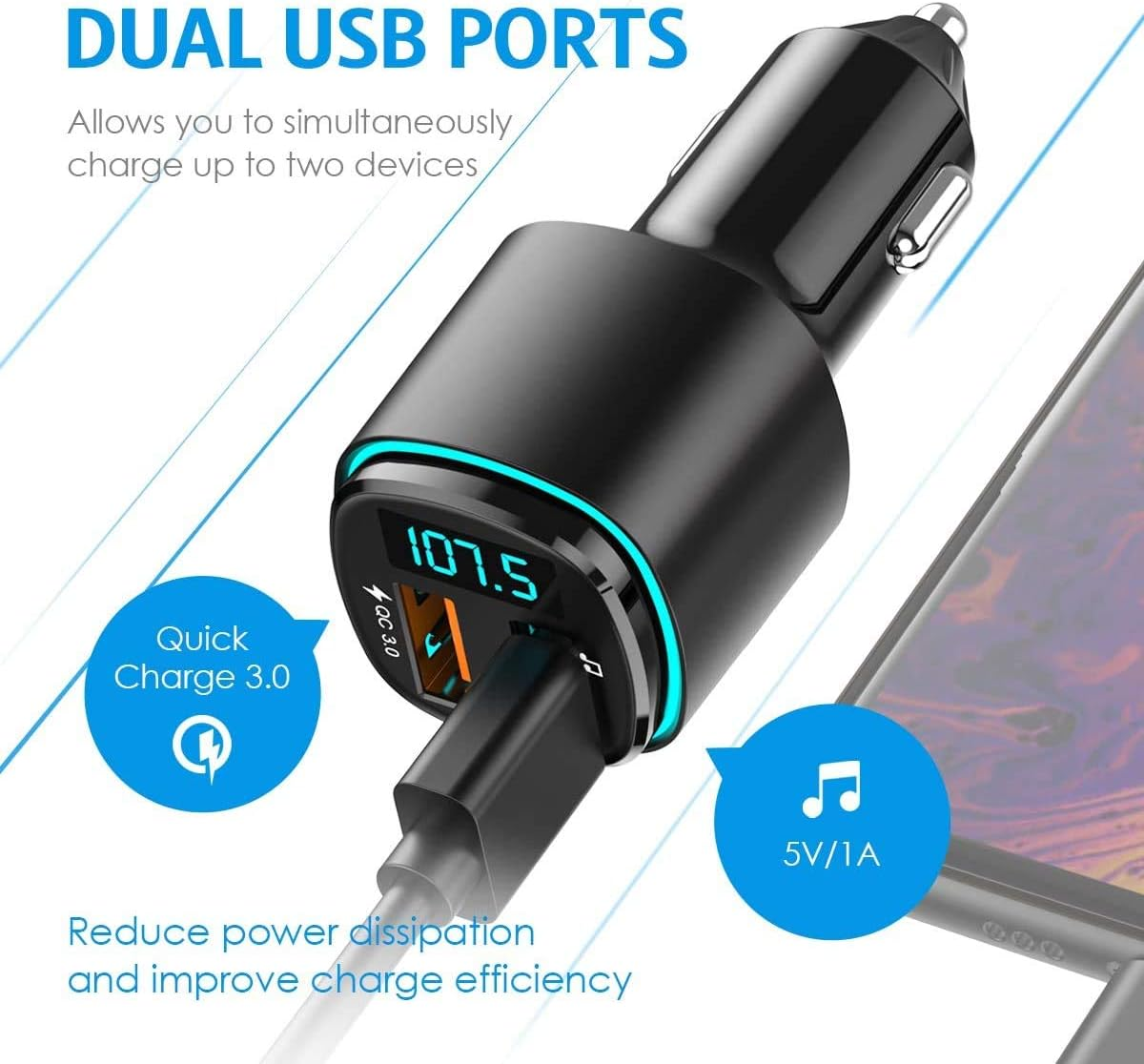 Bluetooth FM Transmitter for Car, QC3.0 Charging, Dual USB Ports, 7 Color RGB LED Backlit Bluetooth Car Adapter, Support Siri Google Assitant, U Disk, SD Card, Hands-Free Car Kit image number 2