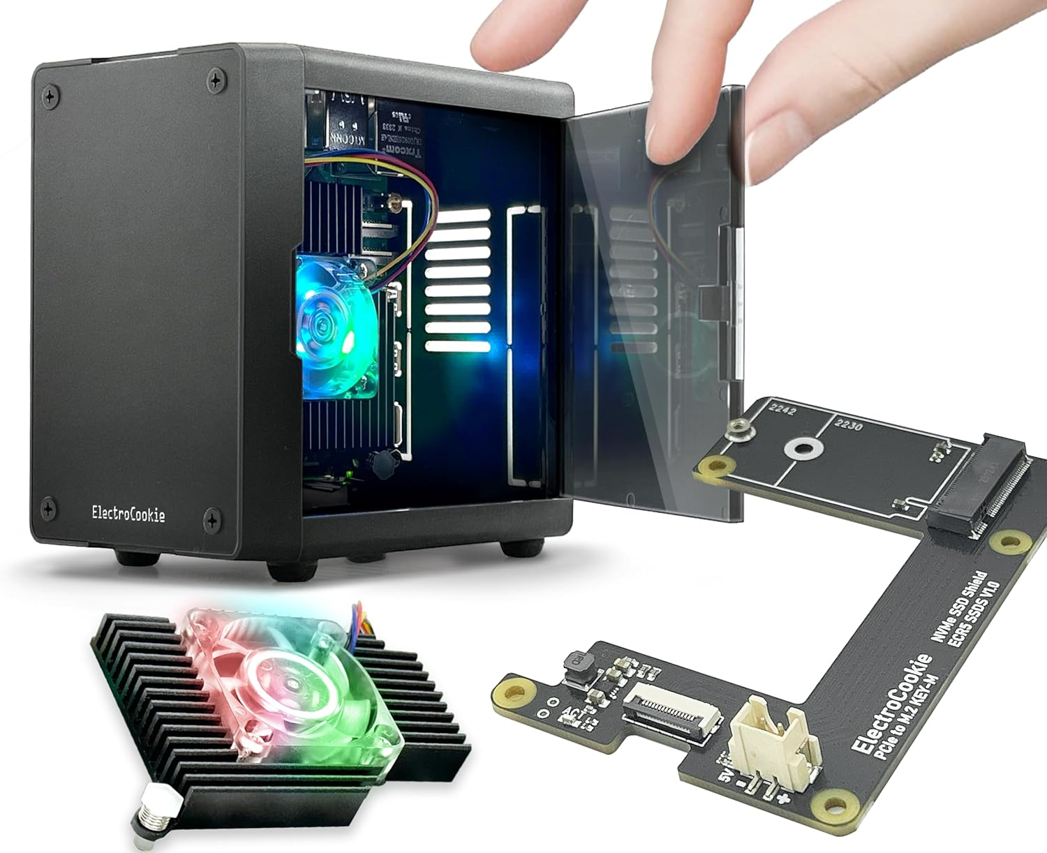 Electrocookie Mini PC Case for Raspberry Pi 5 with M.2 Nvme SSD Pcie HAT and Active RGB Lighting Cooler (Black Case + M.2 HAT[ECR5 SSDS]) image number 4
