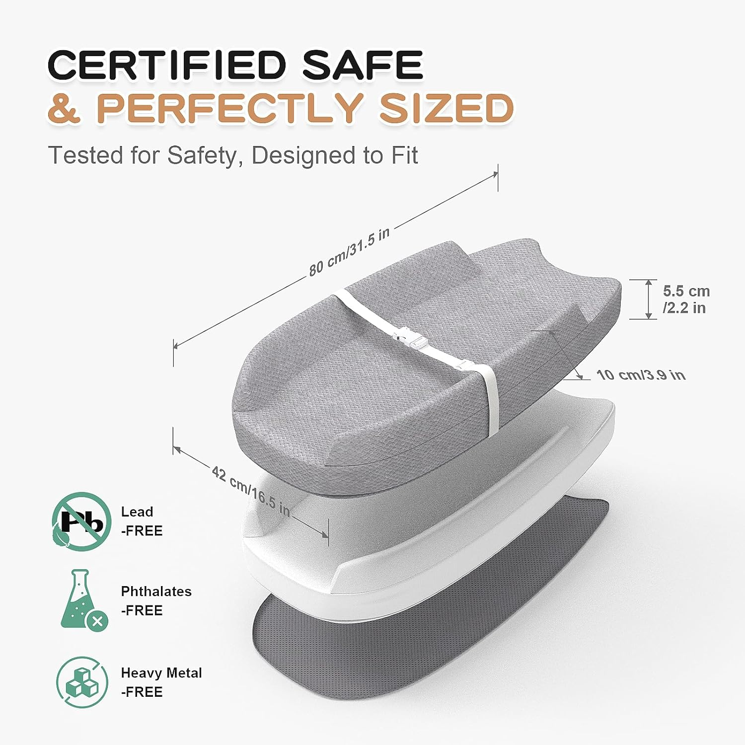 Changing Pad with Waterproof Cover and Removable Towel Liner, U-Shaped Contoured Sides, Safety Strap & Non-Slip Base, Fits Standard Changing Tables image number 2