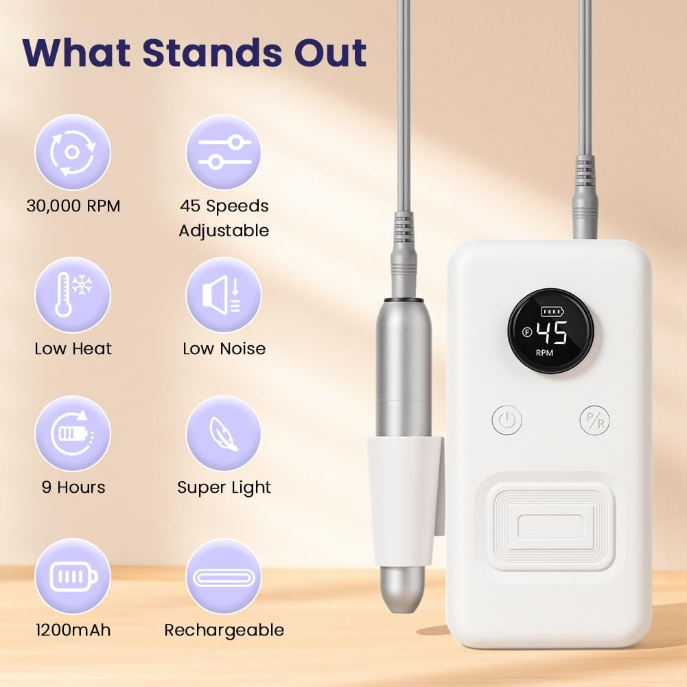 BUTBU Cordless Electric Nail Files, 13 in 1 Professional Rechargeable Electric Nail Drill Machine, 30000 RPM Portable E File Kit, Manicure Pedicure Set with 6 Drill Bits, for Home Salon (White) image number 1