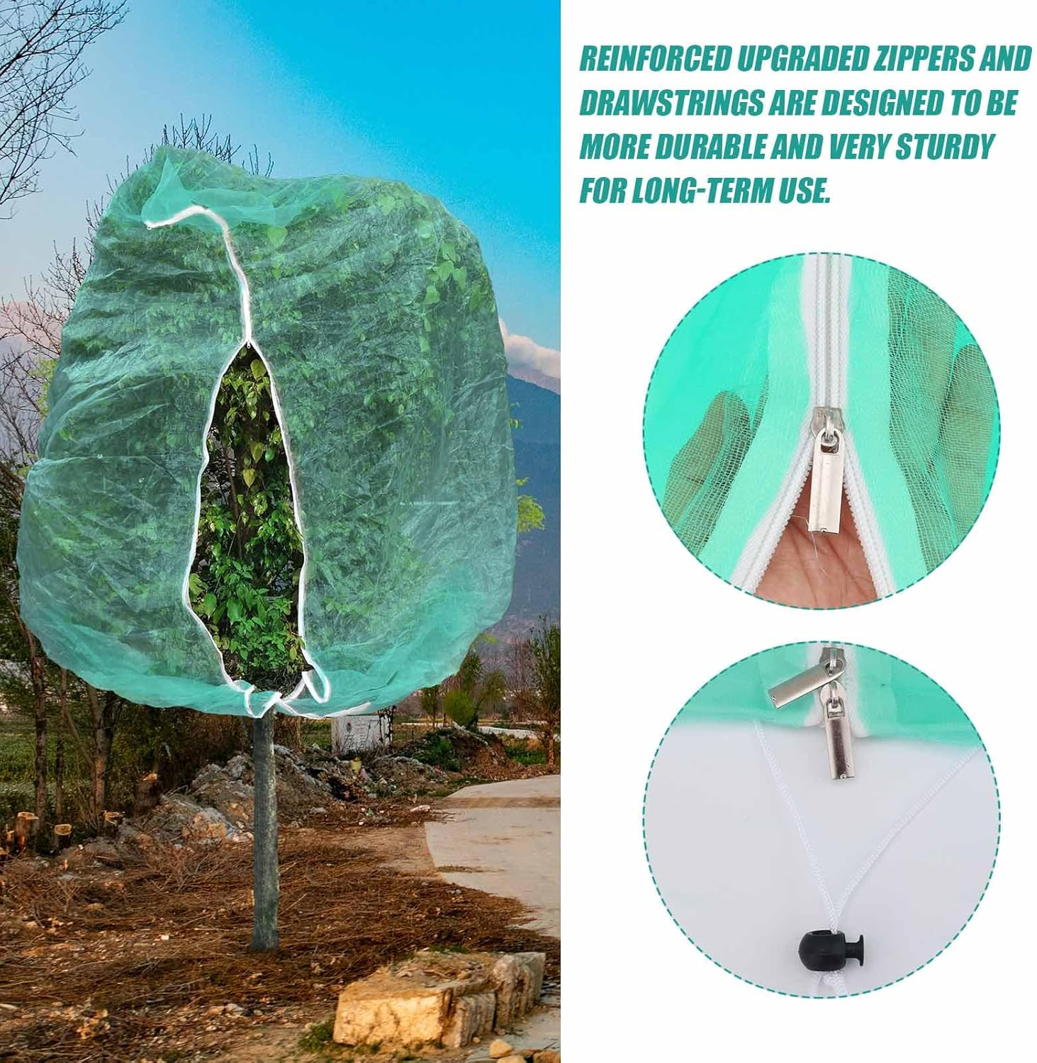 2Pcs 10Ftx10Ft Large Fruit Tree Netting Bags, Bird Netting Cover for Protect Plant Mulch with Zipper and Drawstring Lightweight Mesh Net for Garden Vegetable Bush Protection (Green) image number 5