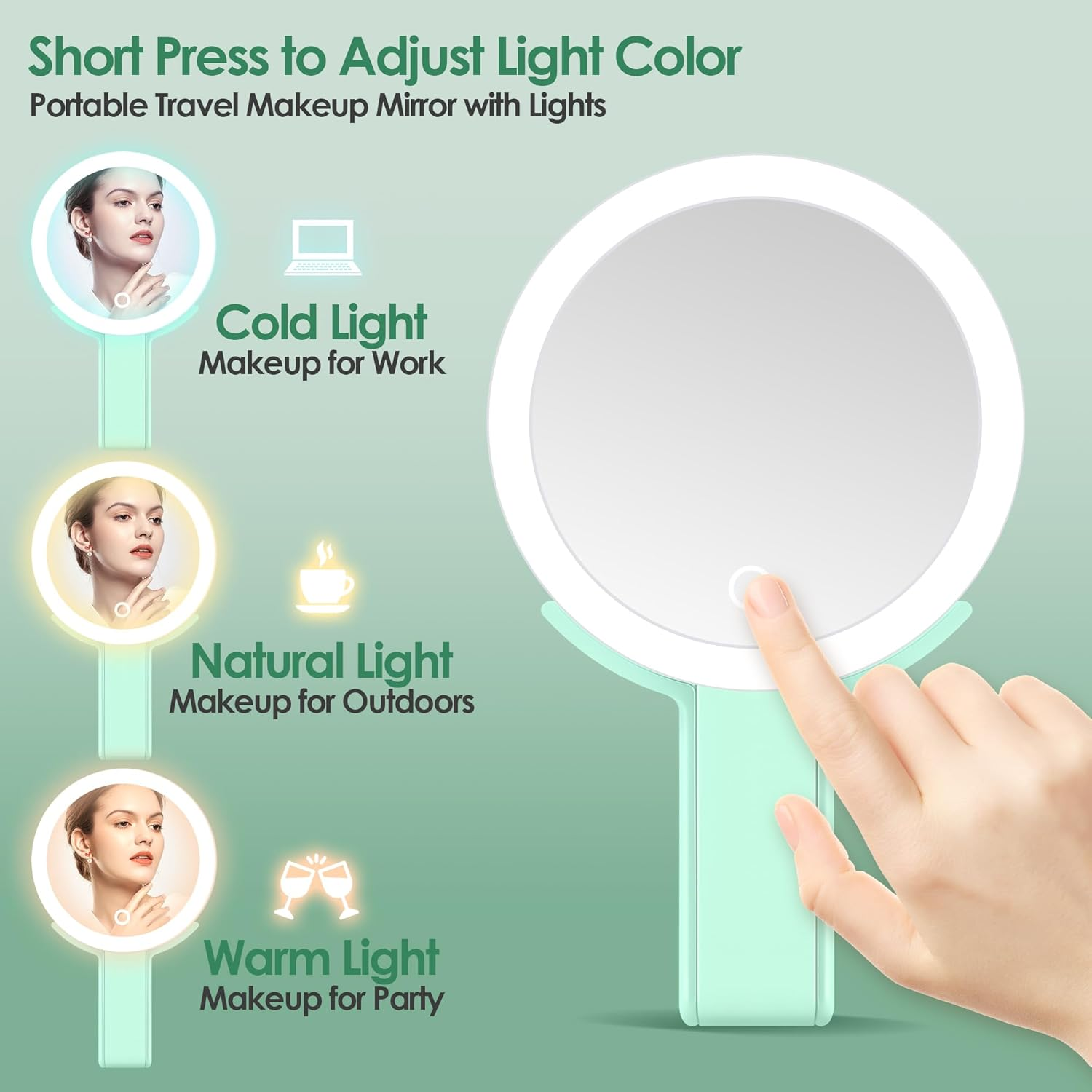 MIYADIVA Magnifying Mirror with Light, Double Sided 30X/1X Lighted Travel Makeup Mirror with Magnification, 3 Color Lighting, Dimmable Touch Screen, Adjustable & Foldable Hand Mirror (Green) image number 6