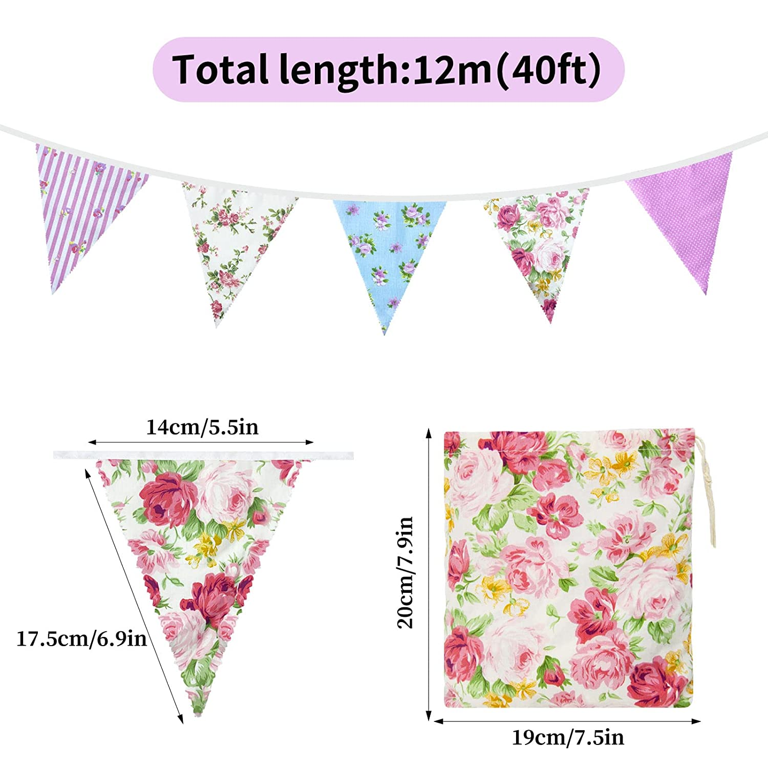 ZCOINS 40Ft/12M Fabric Bunting Banners, 42PCS Floral Vintage Triangle Flags Reusable Cotton Cloth Pennants for Garden Wedding Birthday Party Outdoor Hanging Decoration