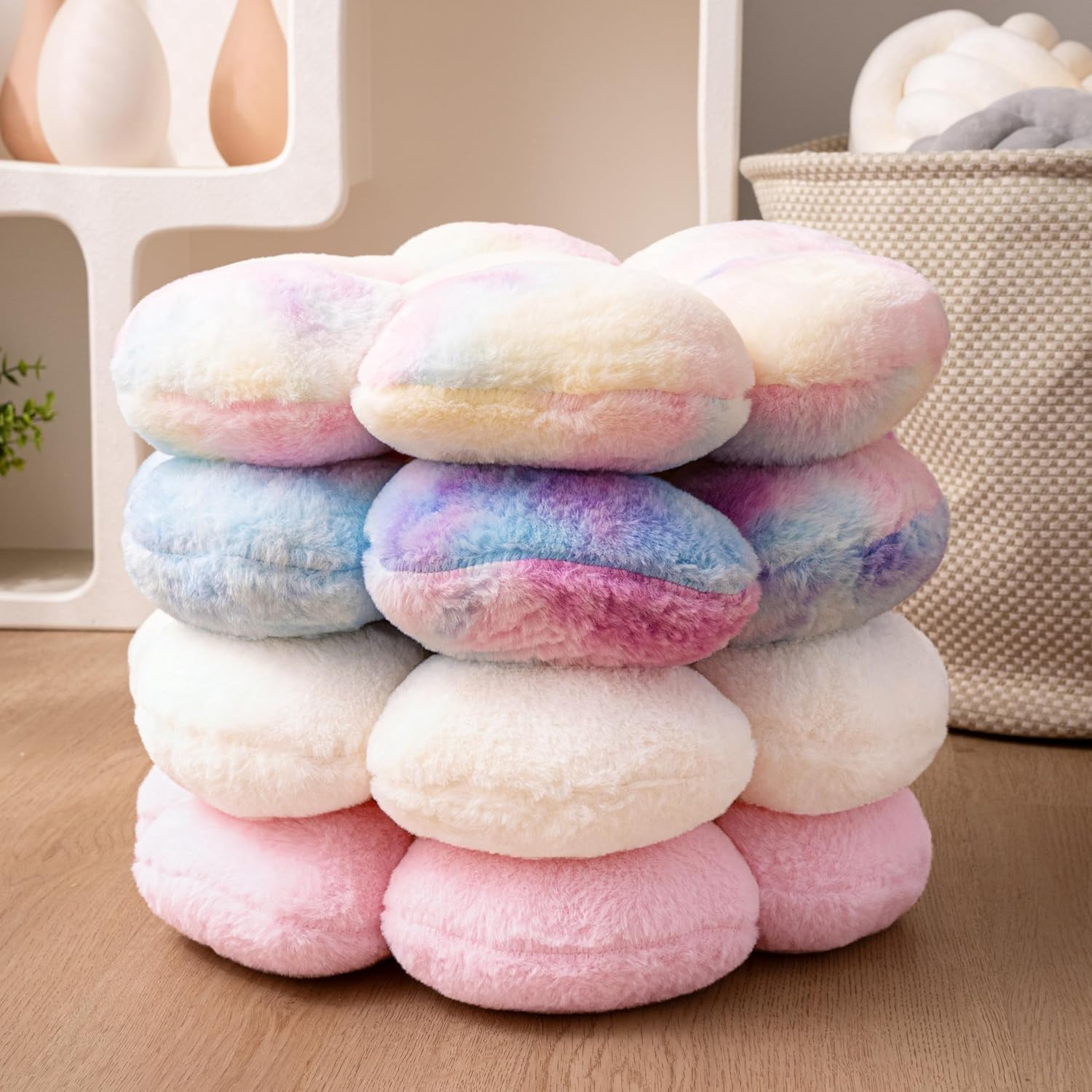 2 Pcs Flower Pillow Cute Pink Throw Pillows Daisy Flower Shaped Floor Cushions Set, Preppy Decorative Throw Pillows for Girls Bed Bedroom Couch Decor (Multicolour Purple & Multicolour Pink) - White  Multicolour Pink image number 6