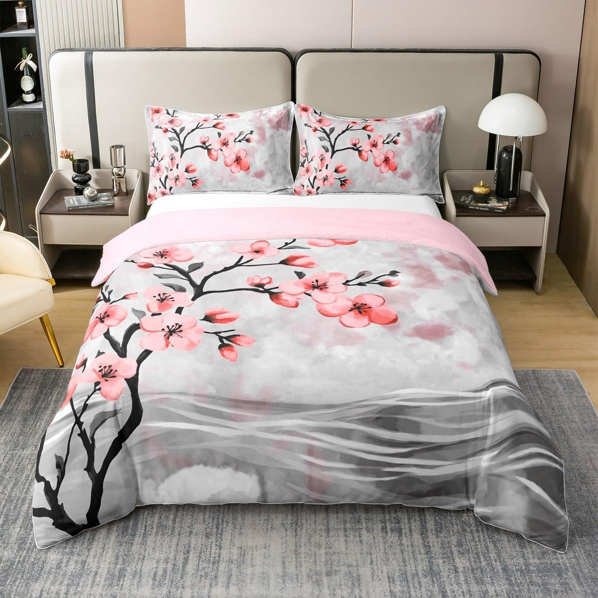 Homewish 100% Cotton Cherry Blossom Duvet Cover, Spring Elegant Flowers Butterfly Bed Linen Set 220 X 240 Cm for Girls Women Girls Japanese Style Bed Set, Botanical Flowers Duvet Cover, Pink Purple