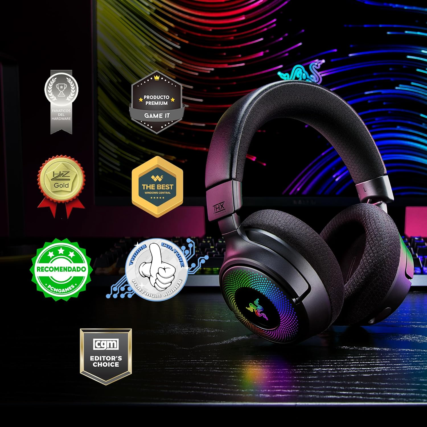 Razer Kraken V4 Wireless Gaming Headphones: 2.4Ghz, Bluetooth, USB - Wide Band Microphone - 40Mm Speakers - Quick Volume Adjustment - RGB Lighting in 9 Zones - for PC, Mac, PS5 image number 3