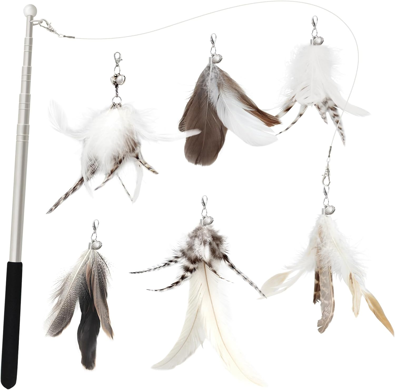 SONGWAY Cat Feather Wand - 7 Pcs Interactive Toys for Indoor Kitten, Retractable Wand with 6 Natural Feather Refills and Bell, Fishing Pole Toy image number 3