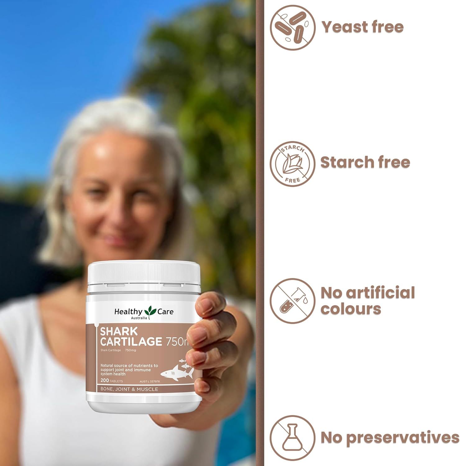 Healthy Care Shark Cartilage Tablets - Premium Dietary Supplement for Joint & Immune Support - Sugar-Free - 200 Tablets image number 3