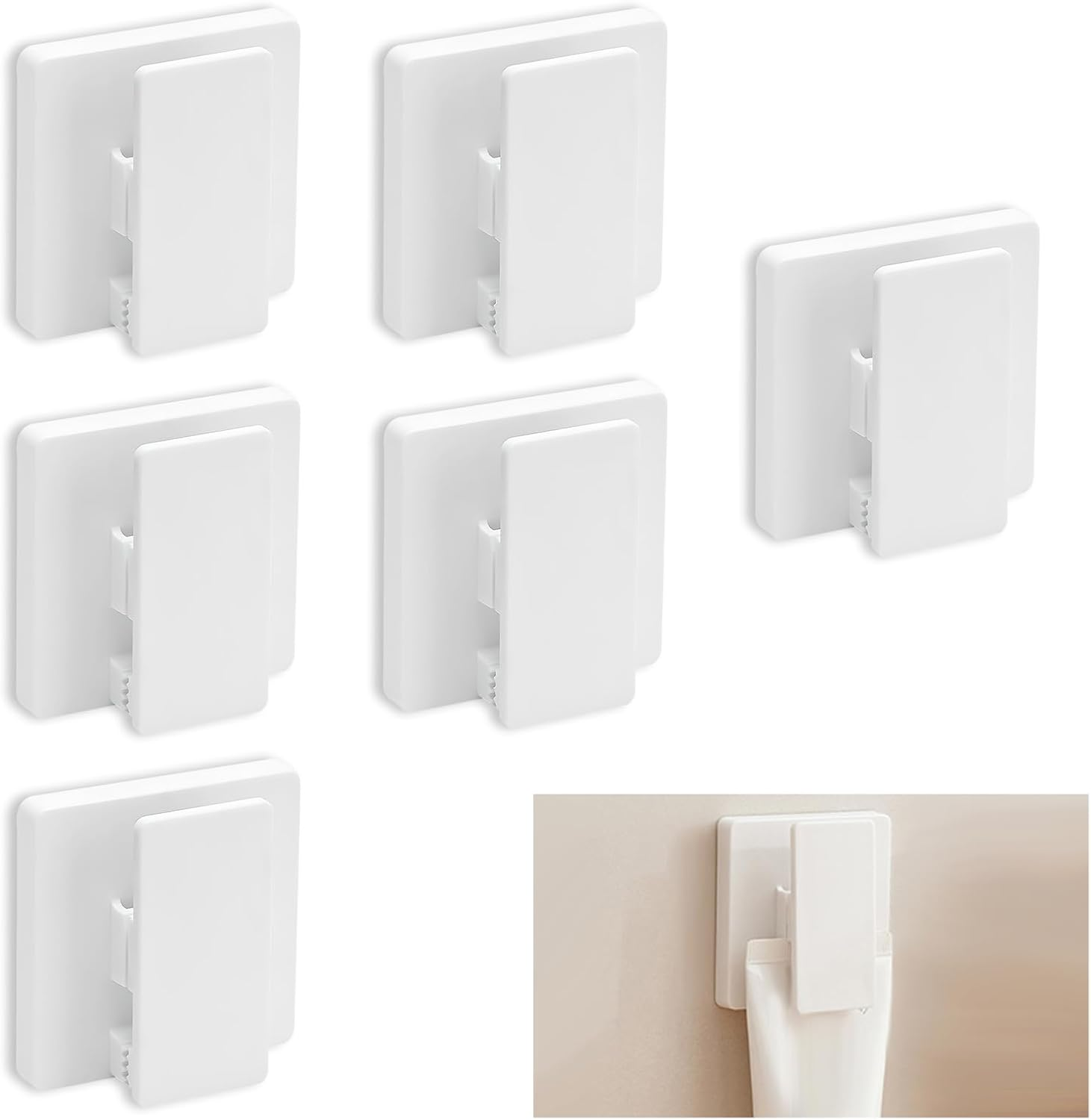 Huakaile 6 Pieces Large Self Adhesive Clips for Hanging Hooks No Drilling, Sticky Clips anti Slip Towel Holder, Removable ABS Adjustable Spring Quilt Wall Hangers for Bathroom Home (White) image number 5