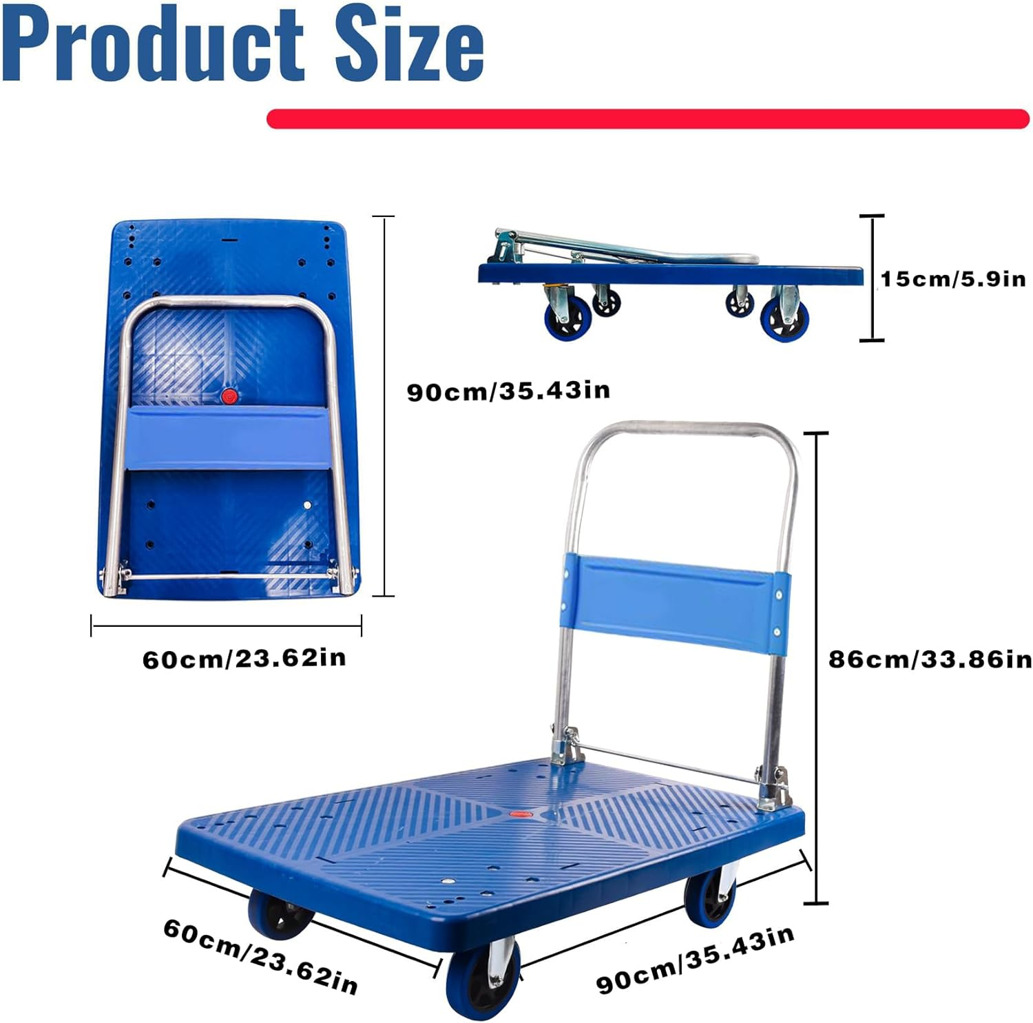 Flatbed Cart, 90X60X86Cm, 300Kg Heavy Duty Capacity Platform Hand Truck 360 Degree Swivel Wheels Foldable Push Hand Cart for Loading and Storage image number 6