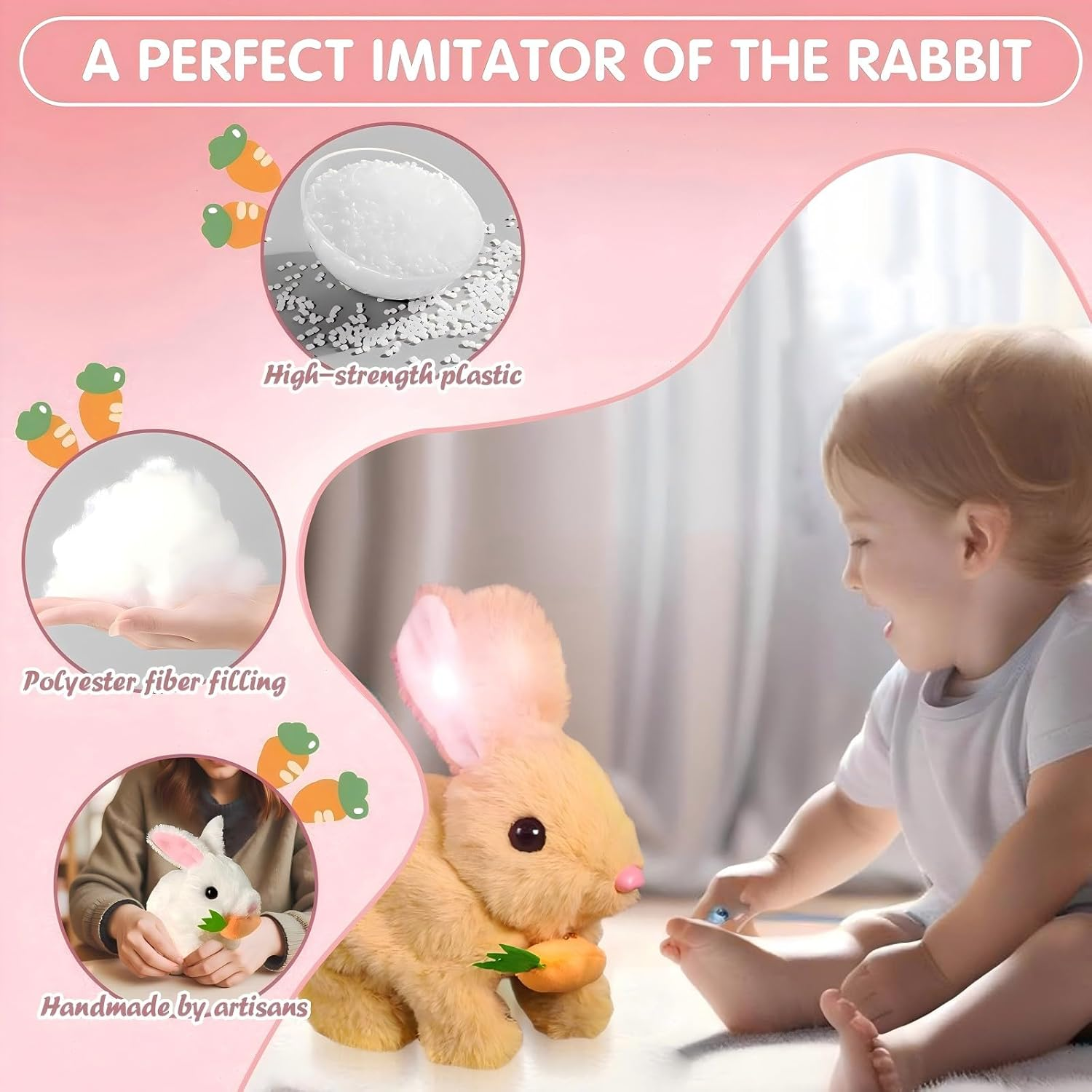 Bunny Toy - 2Pcs Easter My Realistic Bunny Toy, Plush Interactive Rabbit Toys - Can Walk, Talk,Jumping, Twitching, and Shaking Ears, Bunbi Realistic Toys (White & Pink) image number 5