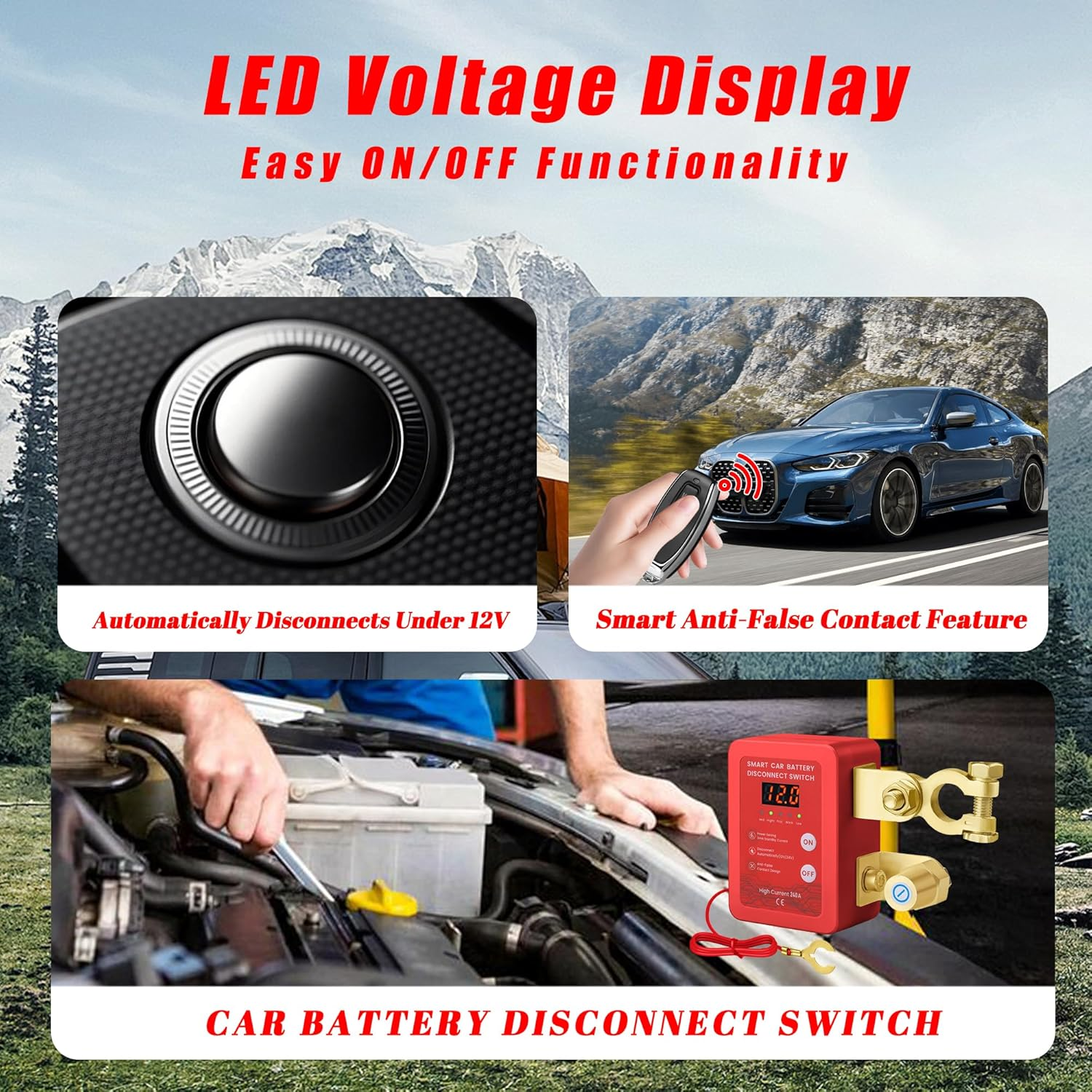 Venxykod 240A Remote Battery Disconnect Switch 24V Anti-Theft Car Battery Switch Automatic Power Shut off Switch with LED Display for Car Truck RV ATV Vehicle Boat image number 1