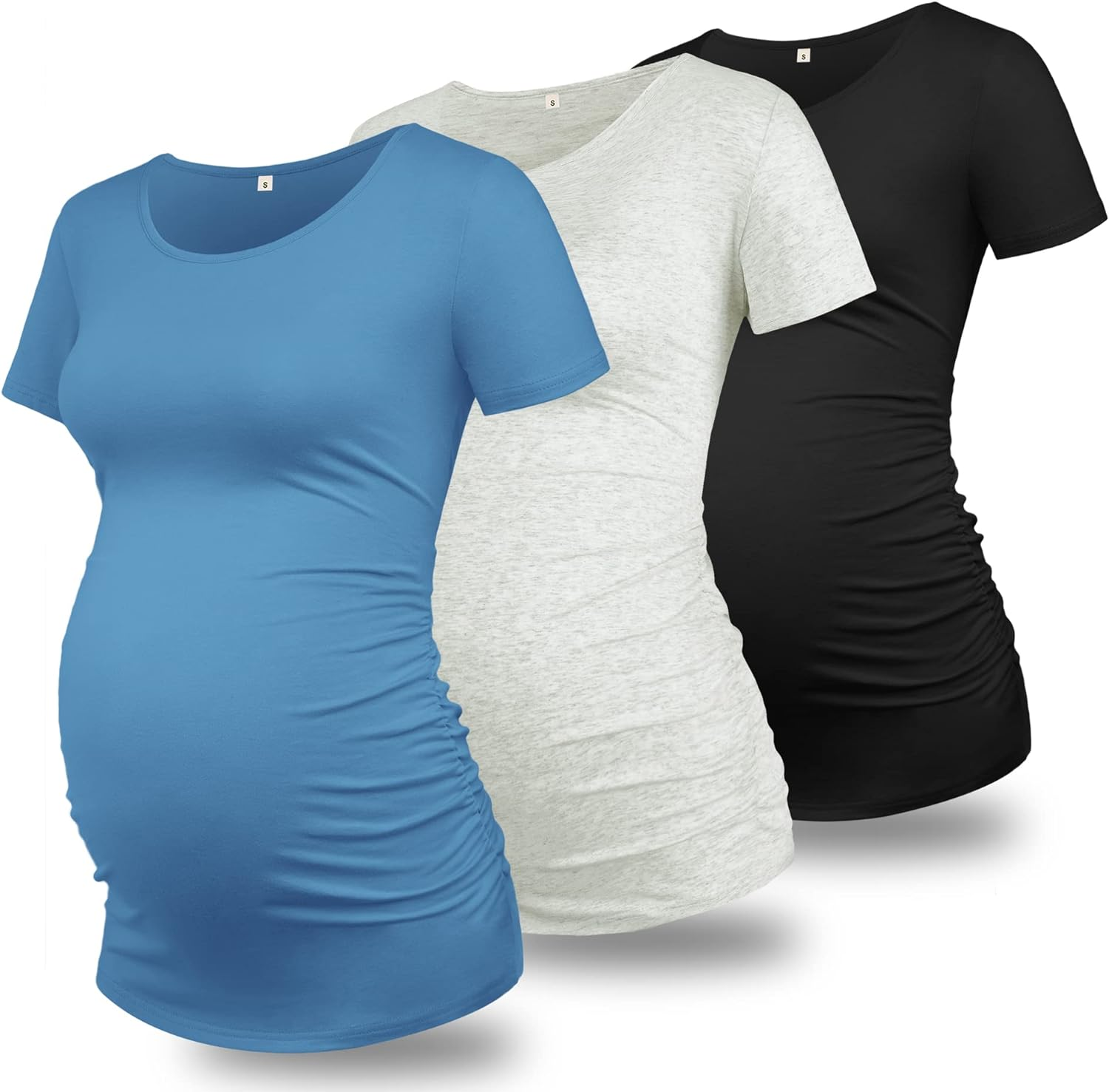 GLAMIX Women'S Maternity T-Shirt 3-Pack Long/Short Sleeve & Sleeveless Side Ruched Scoop Neck Basic Pregnancy Tops